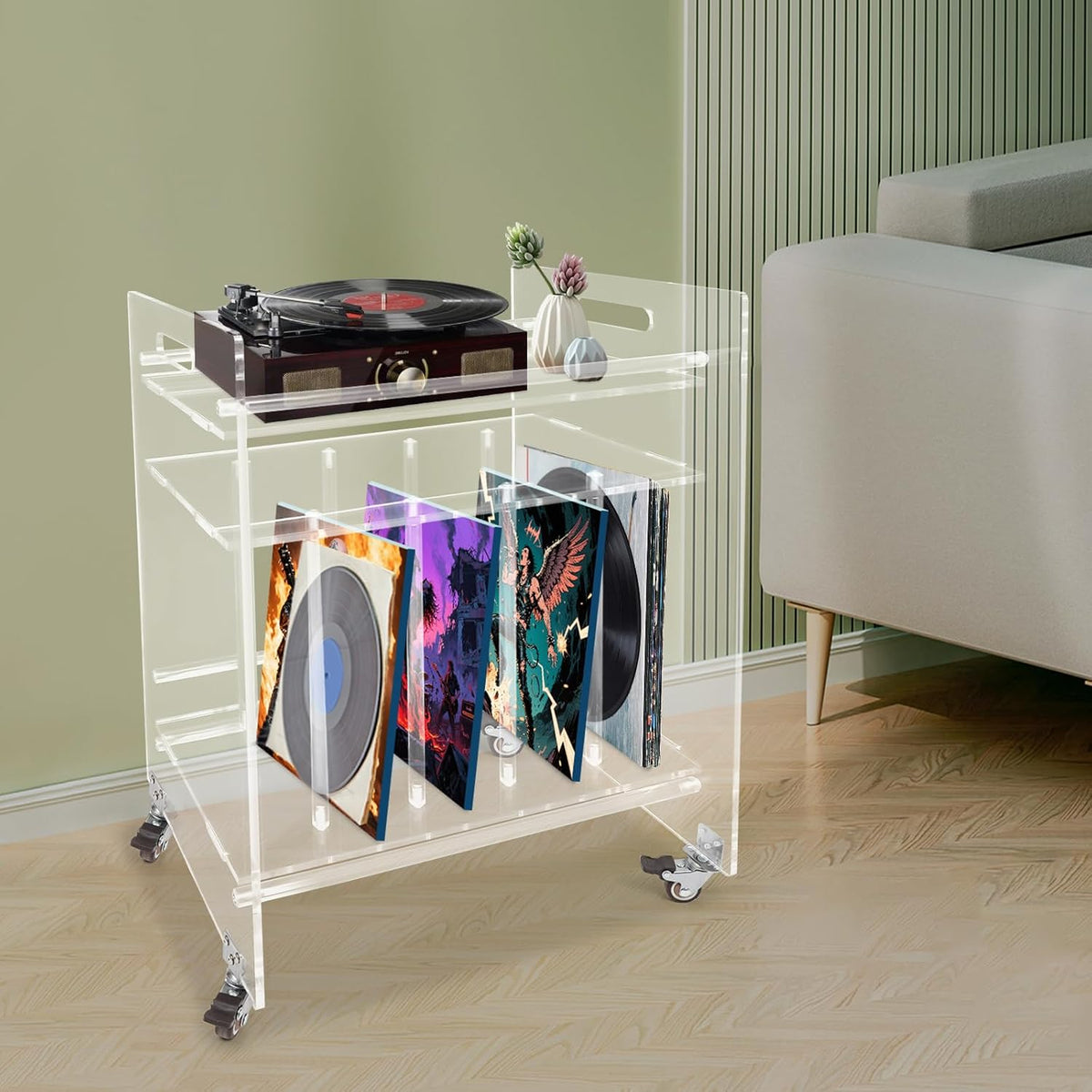 Acrylic Record Player Stand, 3 Tier Clear Record Player Stand with Wheels, Record Storage Side Table for Living Room, Bedroom, Office