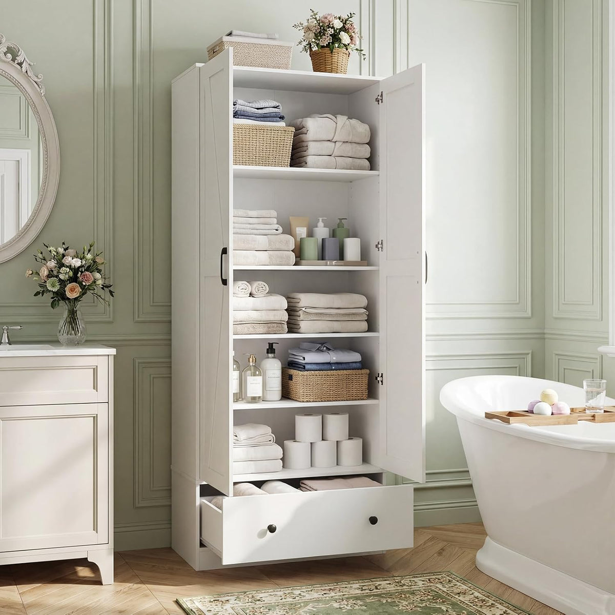 Giantex 72" Tall Kitchen Pantry Cabinet, Farmhouse Wooden Cupboard w/ 2 Doors, Drawer & Adjustable Shelves, Freestanding Versatile Storage Cabinet for Dining Room Living Room Bathroom (White)