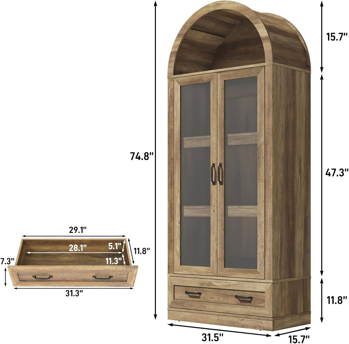 75" Tall Arched Kitchen Pantry Cabinet w Load-Bearing Steel Pipe,Modern Farmhouse Kitchens Storage Cabinet with Drawer and Glass Doors,Tall Arched Bookcase,Pantry Organizer for Living Room(Natural)