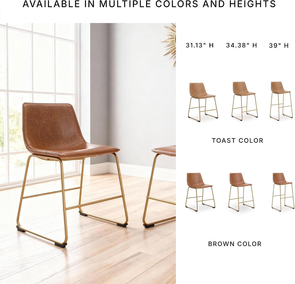 Signature Design by Ashley Crandox Dining Chairs Set of 2, Mid Century Modern Bucket Seat, Faux Leather Upholstery with Gold Legs, Casual Seating for Kitchen and Dining Rooms, Light Brown