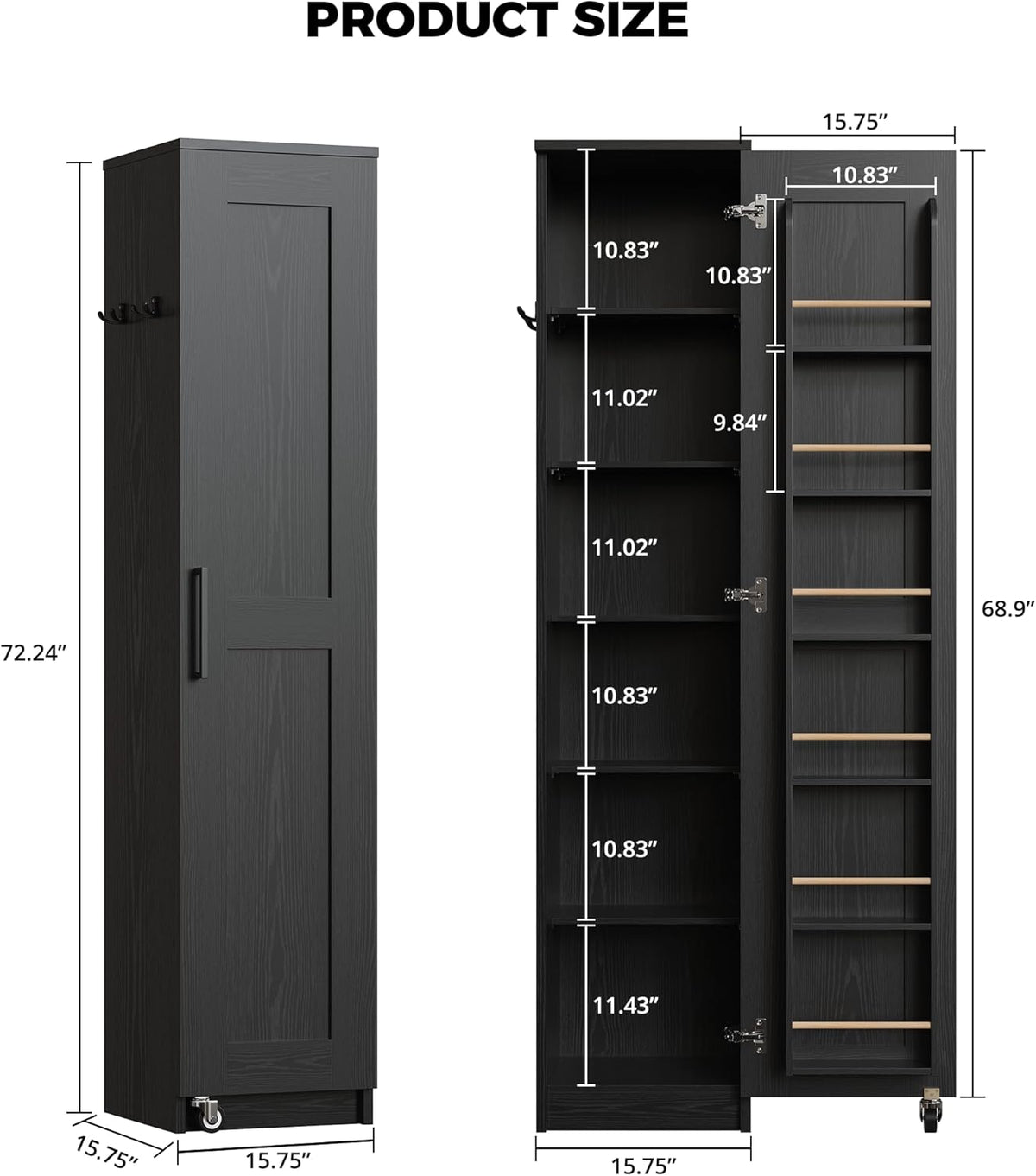 IRONCK Narrow Kitchen Pantry Storage Cabinet, 72" Slim Single Door with 6 Adjustable Shelves, Door Rack and Wheels, Space Saving Freestanding Storage Floor Cabinet for Small Place, Black