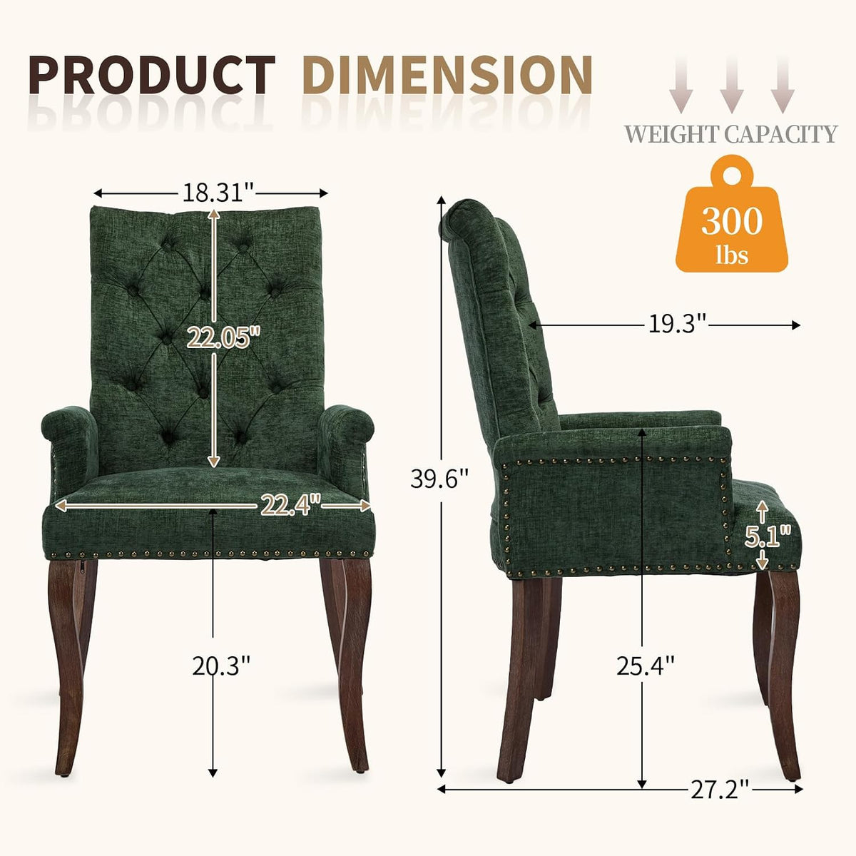 cinkehome Set of 4 Upholstered Dining Chairs, Dining Room Kitchen Chair with Armrest and Solid Wood Leg, Mid Century Modern Side Chairs (Olive Green, Chenille)