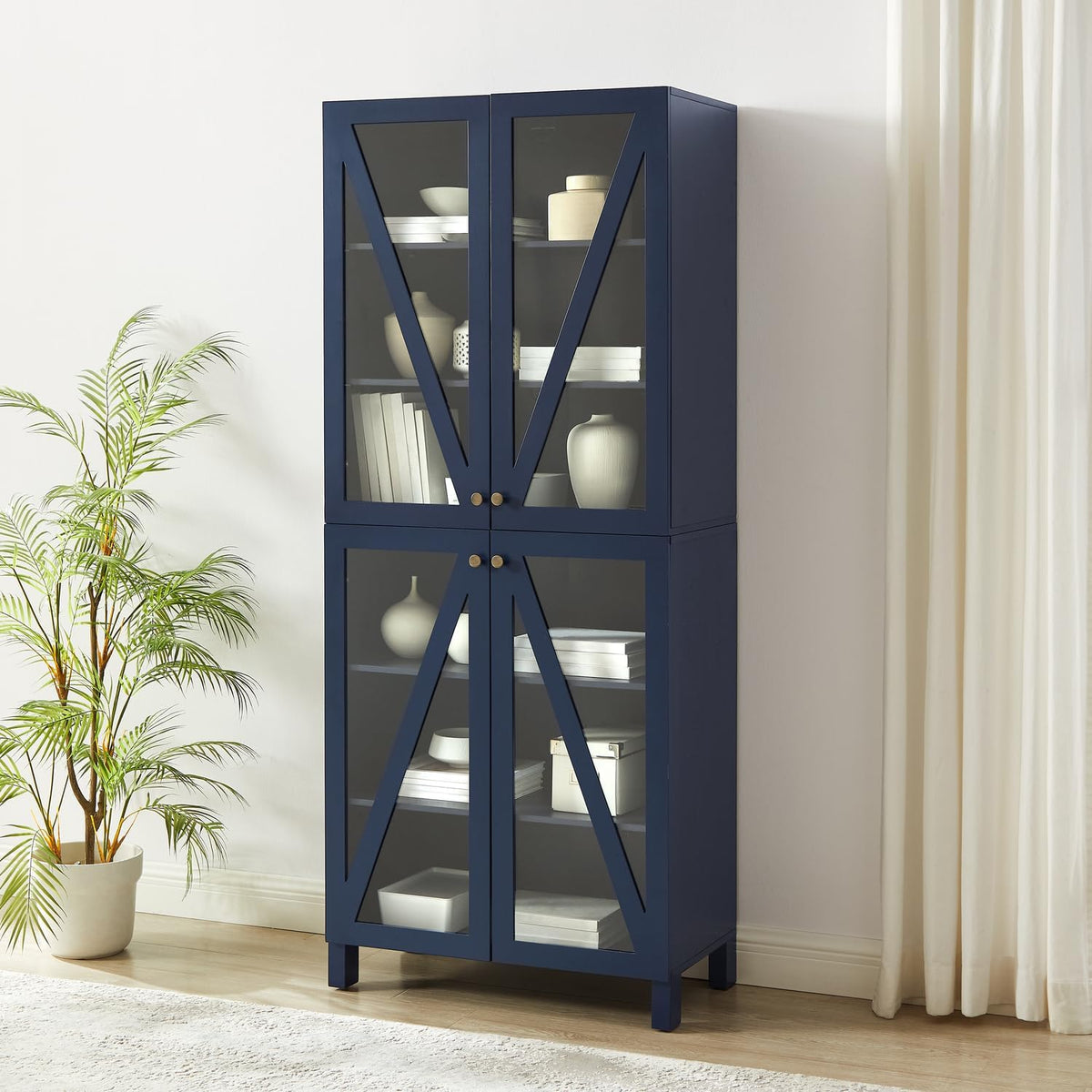 Maykoosh Tall Kitchen Pantry - Stackable Storage Cabinet with Glass Doors, Navy