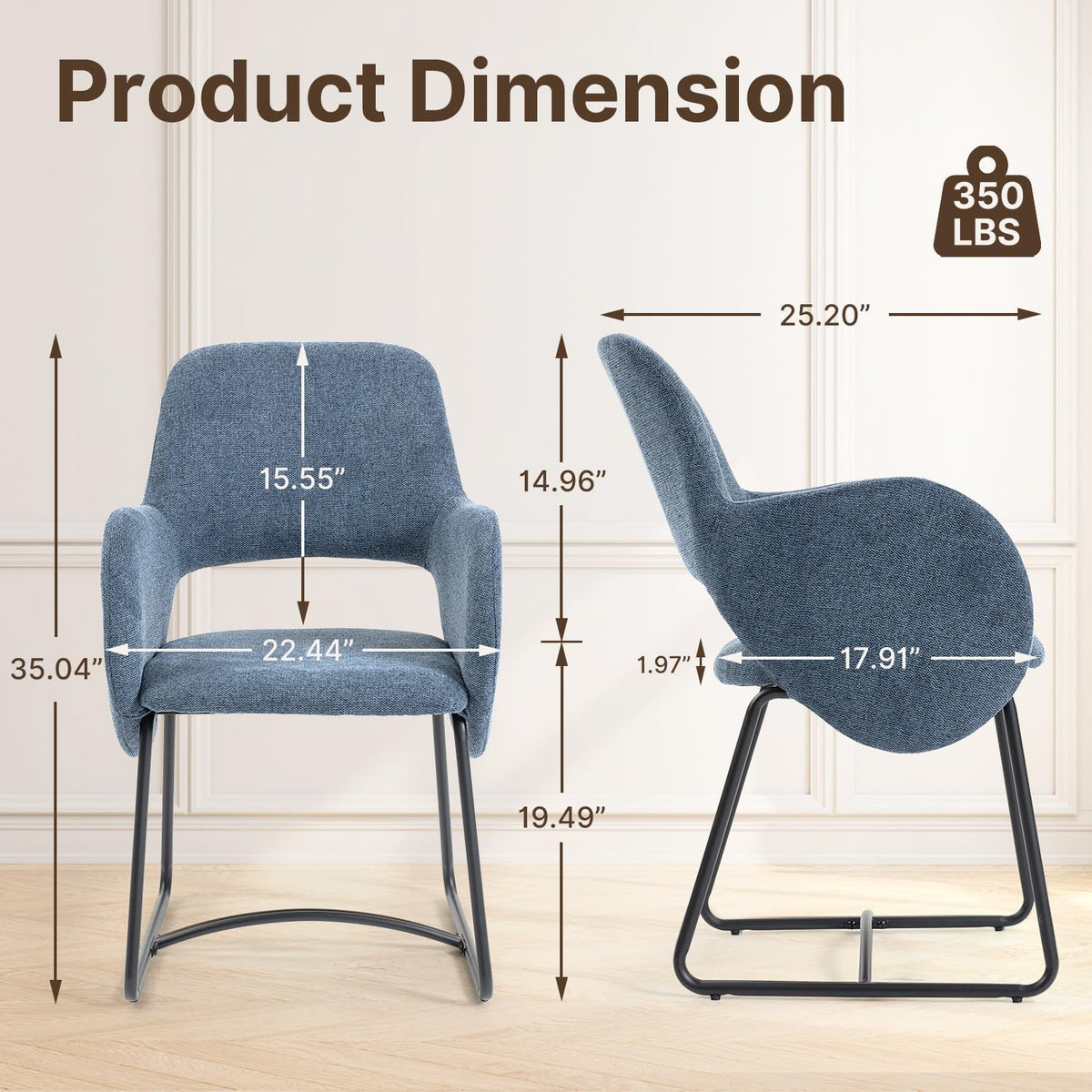 Mid-Century Modern Dining Chair, Upholstered Single Chair with Armrests, 350 lbs Weight Capacity, 22" Wide Seat, Chenille Fabric, Ergonomic Back Support for Kitchen/Dining Room/Cafe/Resturant