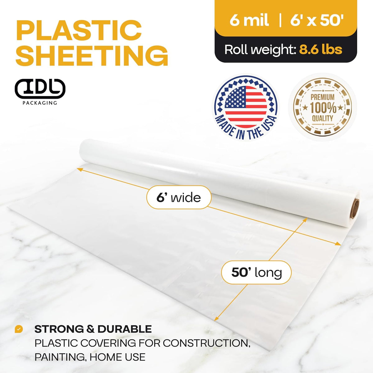 Plastic Sheeting 6 mil, 6' x 50' (300 sq. ft.) - Thick Semi-Clear Plastic Sheeting for Construction, Painting - Heavy Duty LDPE Film Roll - Vapor Barrier Semi-Clear Roll of Plastic by IDL Packaging