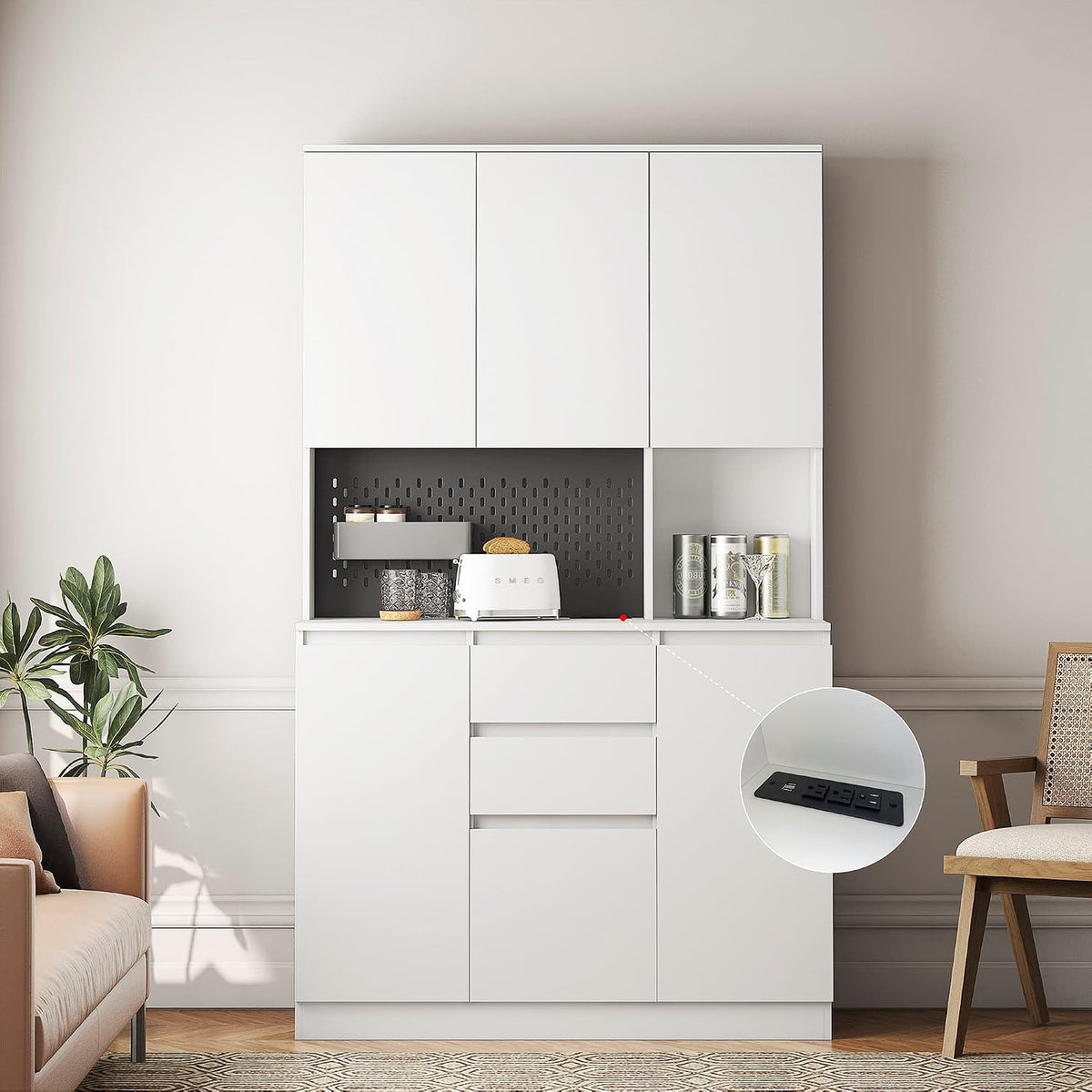 ZeHuoGe 74" Kitchen Pantry Cabinet with Charging Station,Freestanding Storage Cabinet with Drawers, Modern Pantry Cupboards with Microwave Stand for Living Room,Dinning Room (White)