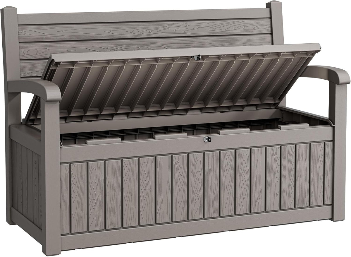 80 Gallon Lockable Deck Bench with Storage, Resin Stripes Outdoor Storage Box, Waterproof Outdoor Porch Bench for Cushions Garden Tools, and Pool Supplies, Grey