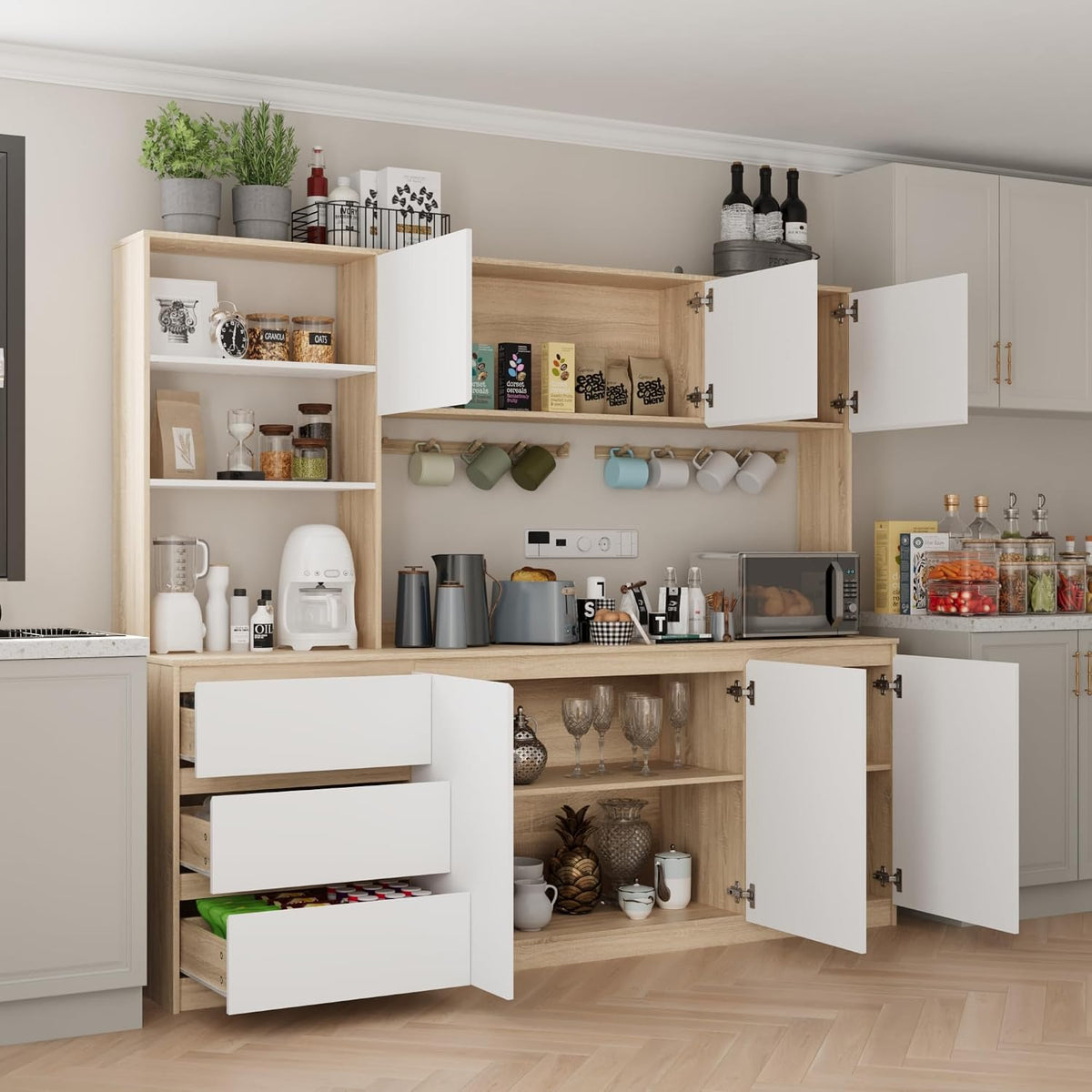 Mekminop Extra Large Kitchen Pantry with Microwave Shelf, Kitchen Hutch Storage Cabinet with Countertop, Freestanding Countertop Cabinet with 3 Drawers and 3 Open Shelves, White + Walnut
