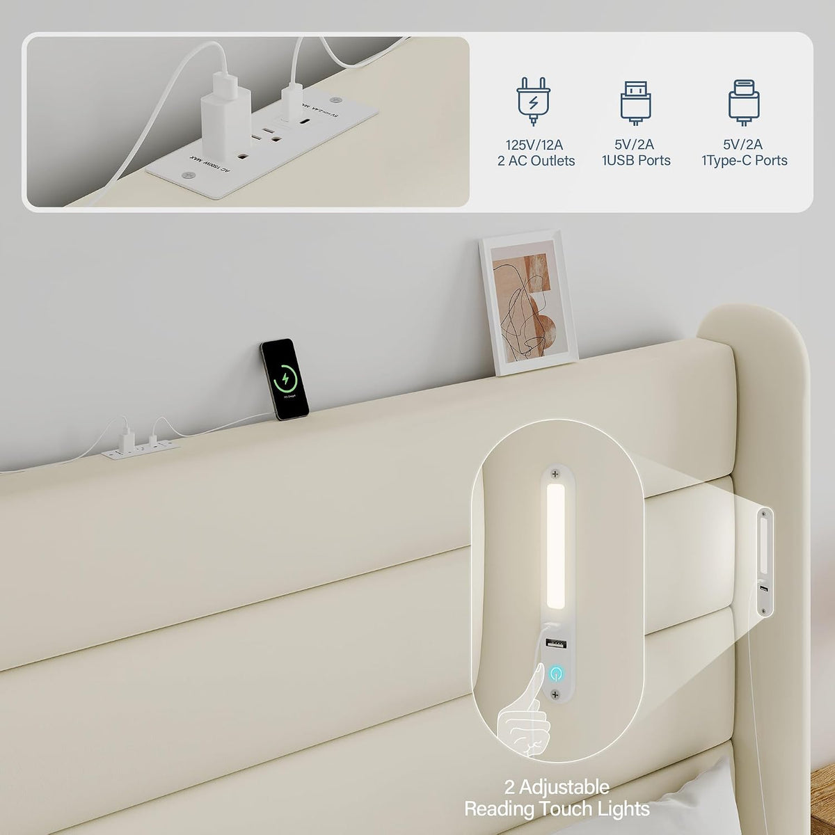 Queen Size Bed Frame with 59'' Tall Headboard with Readlight, White