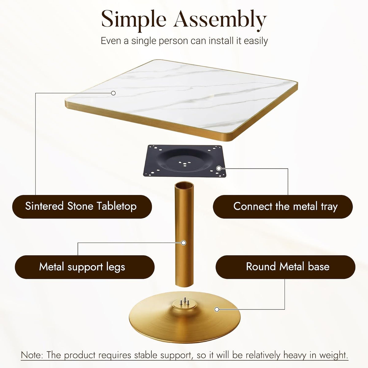 31.5" Square Dining Table, Square Restaurant Table with 1.2" Thick Sintered Stone Tabletop and Golden Metal Pedestal Base, Bistro Table for Diner, Bar, kitchen, Bakery, Apartment (Marble White)