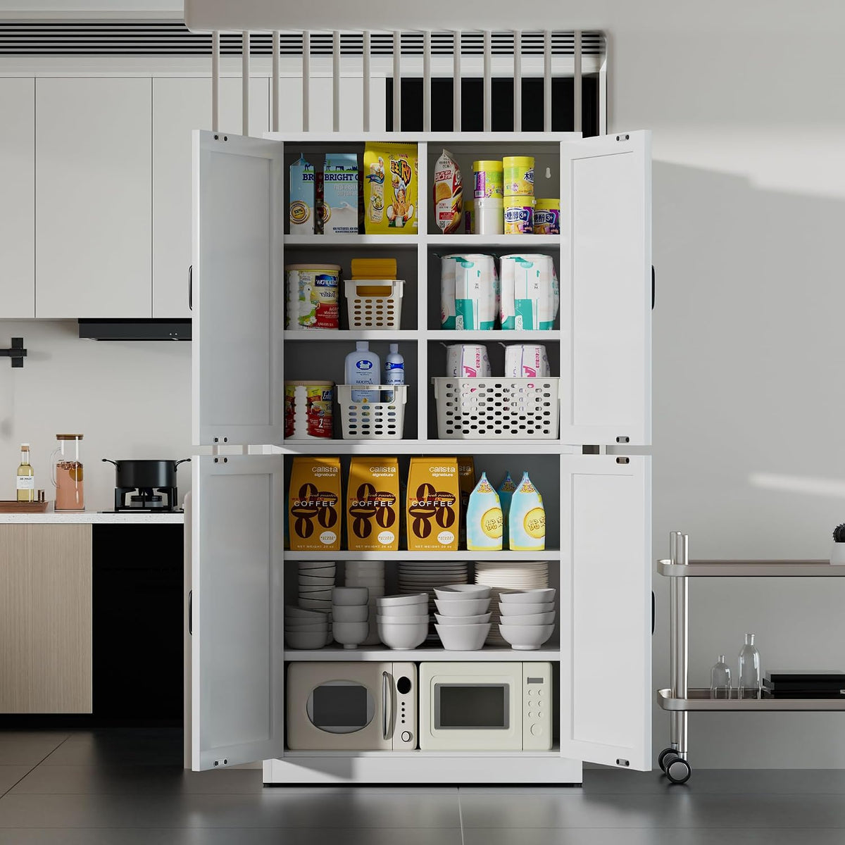 White Steel Kitchen Pantry Storage Cabinet with Adjustable Shelves, Heavy Duty Country Style Metal Storage Cabinet for Kitchen Bathroom Living Room
