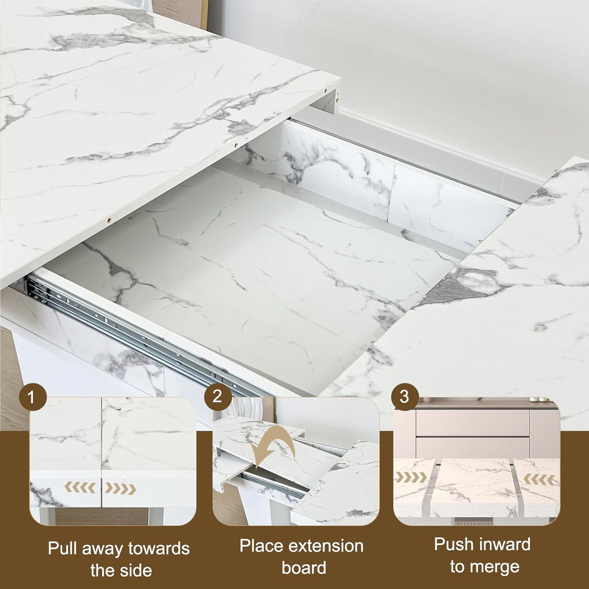 White Faux Marble Dining Room Table Set for 4, 5-Piece 63"-78.74" Extendable Dining Table Set with 4 Chairs, Rectangle Wooden Expanding Kitchen Table and Grey Upholstered Chairs Set