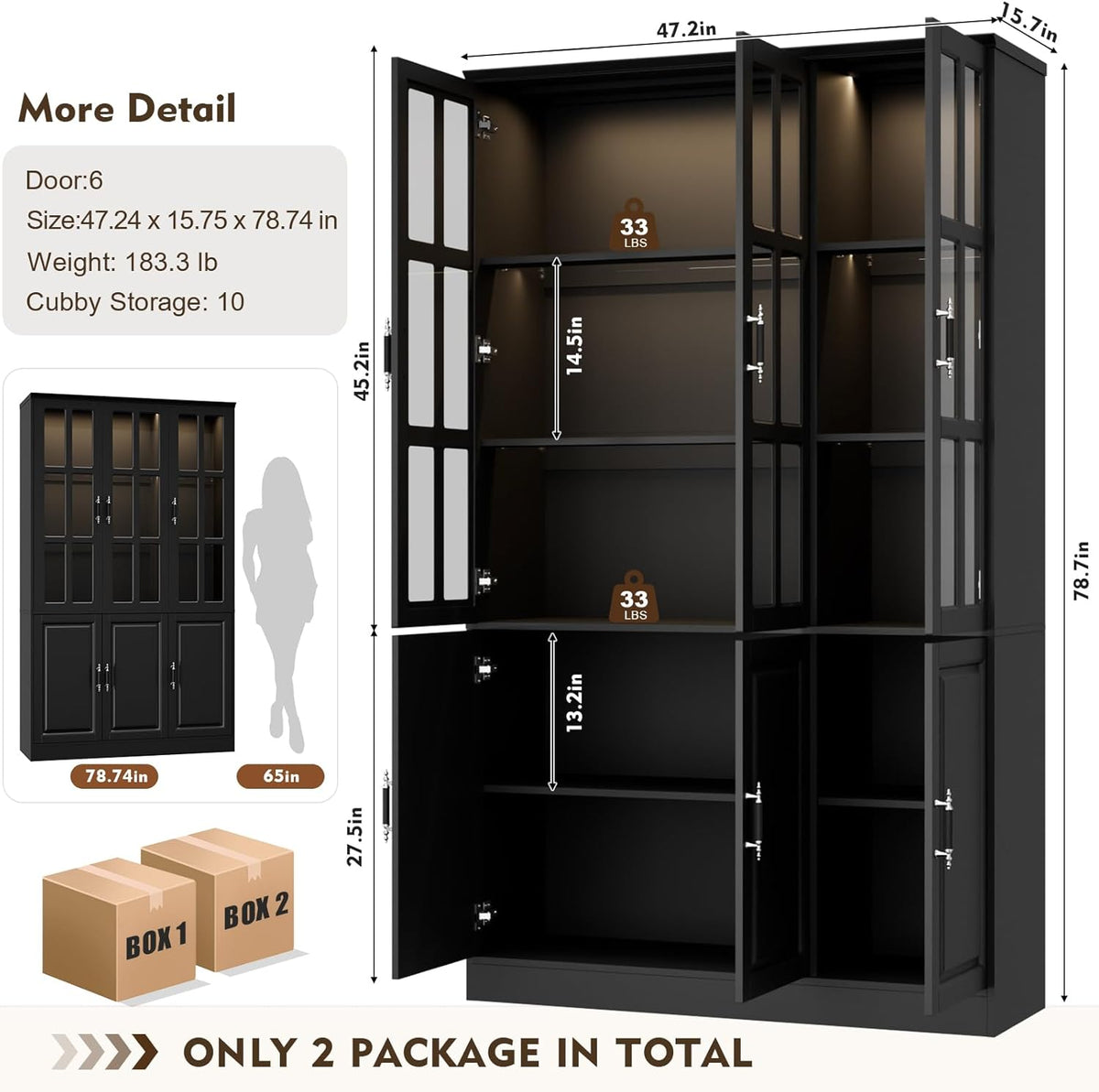 MEISSALIVVE 78.7" Kitchen Pantry Storage Cabinet with LED Lights, Tall Pantry Cabinet with Glass Doors, Kitchen Hutch Utility Pantry, Black (47.2" W x 15.7" D)