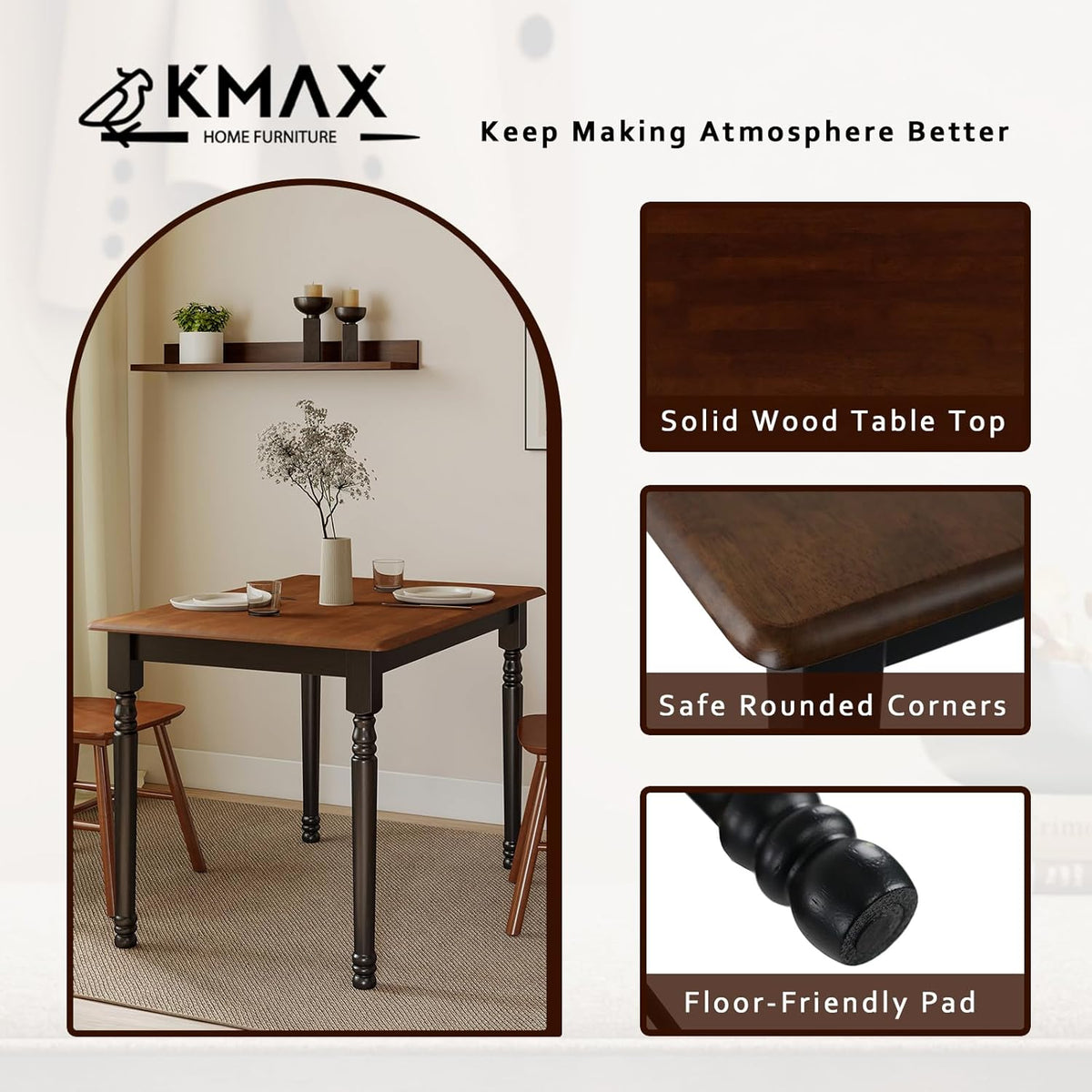 Kmax Small Dining Table for 2-4, Solid Wood Dining Table for Small Spaces 2 Person Rectangle Kitchen Table Space Saving Dinner Table for Apartment - Walnut Top, Black Legs