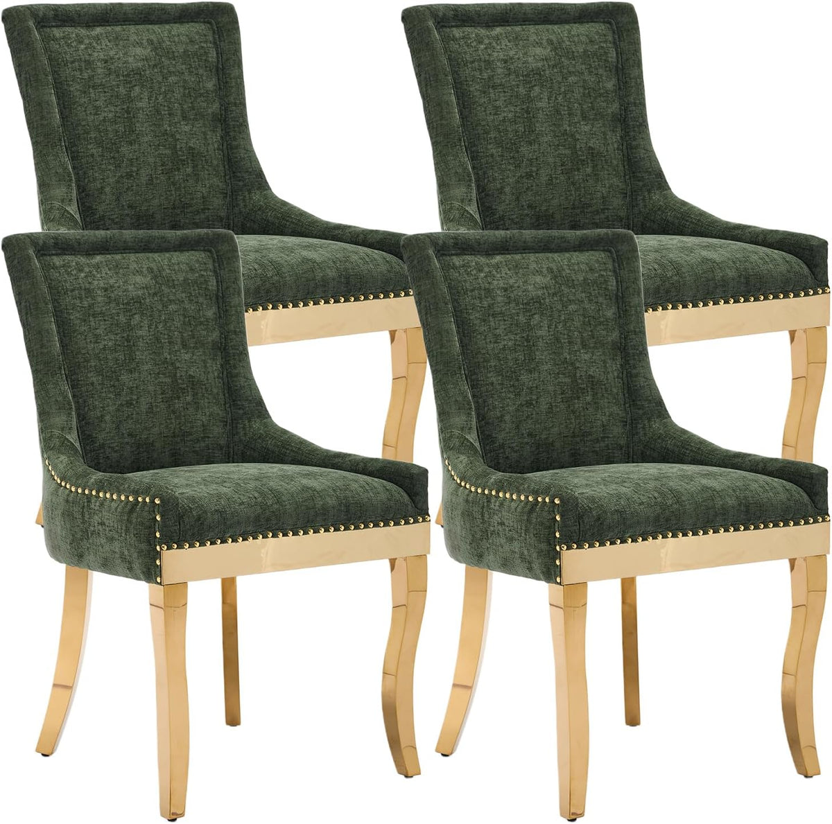 Upholstered Dining Chairs Set of 4, Chenille Fabric Dining Room Chairs with with Gold Stainless Steel Legs, Nailhead Trim, Modern Farmhouse Accent Chairs for Dining Room or Kitchen, Olive Green