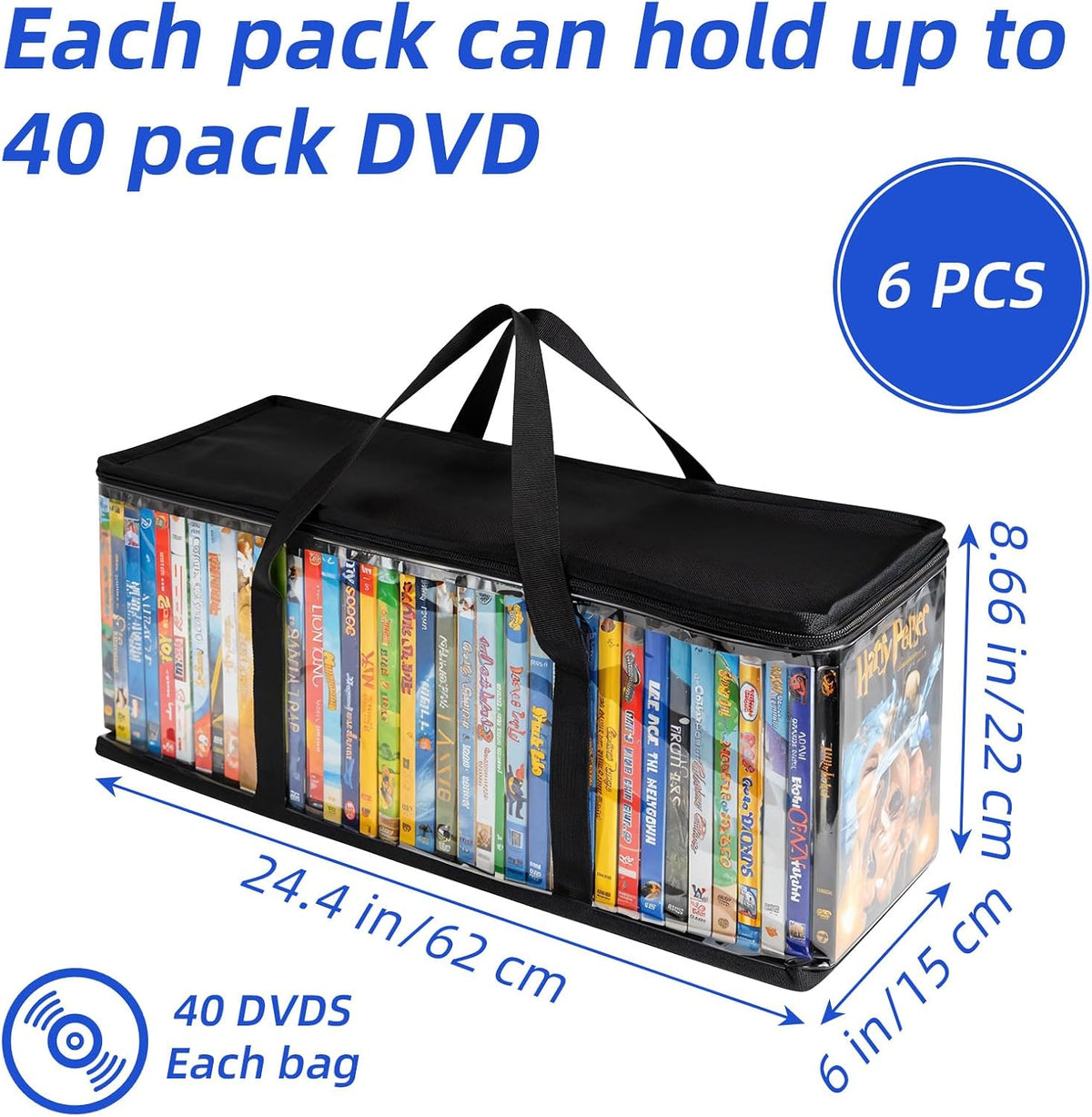 DVD Storage Bags 6 Pack DVD Storage Holder Case Clear PVC Media Holder with Handles for DVDs, CDs, Video Games, Books, Black