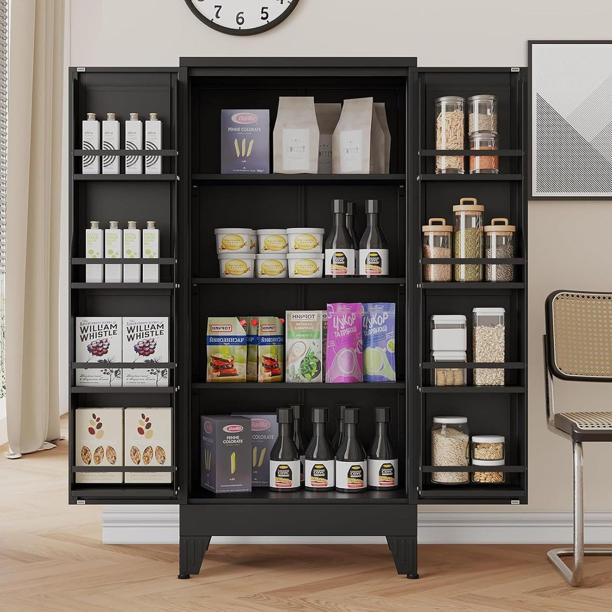 47.2" H Tall Metal Kitchen Pantry Storage Cabinet, Freestanding Storage Cabinet with Magnetic Doors and Adjustable Shelves, Black Metal Pantry Cabinets for Dining Room and Living Room