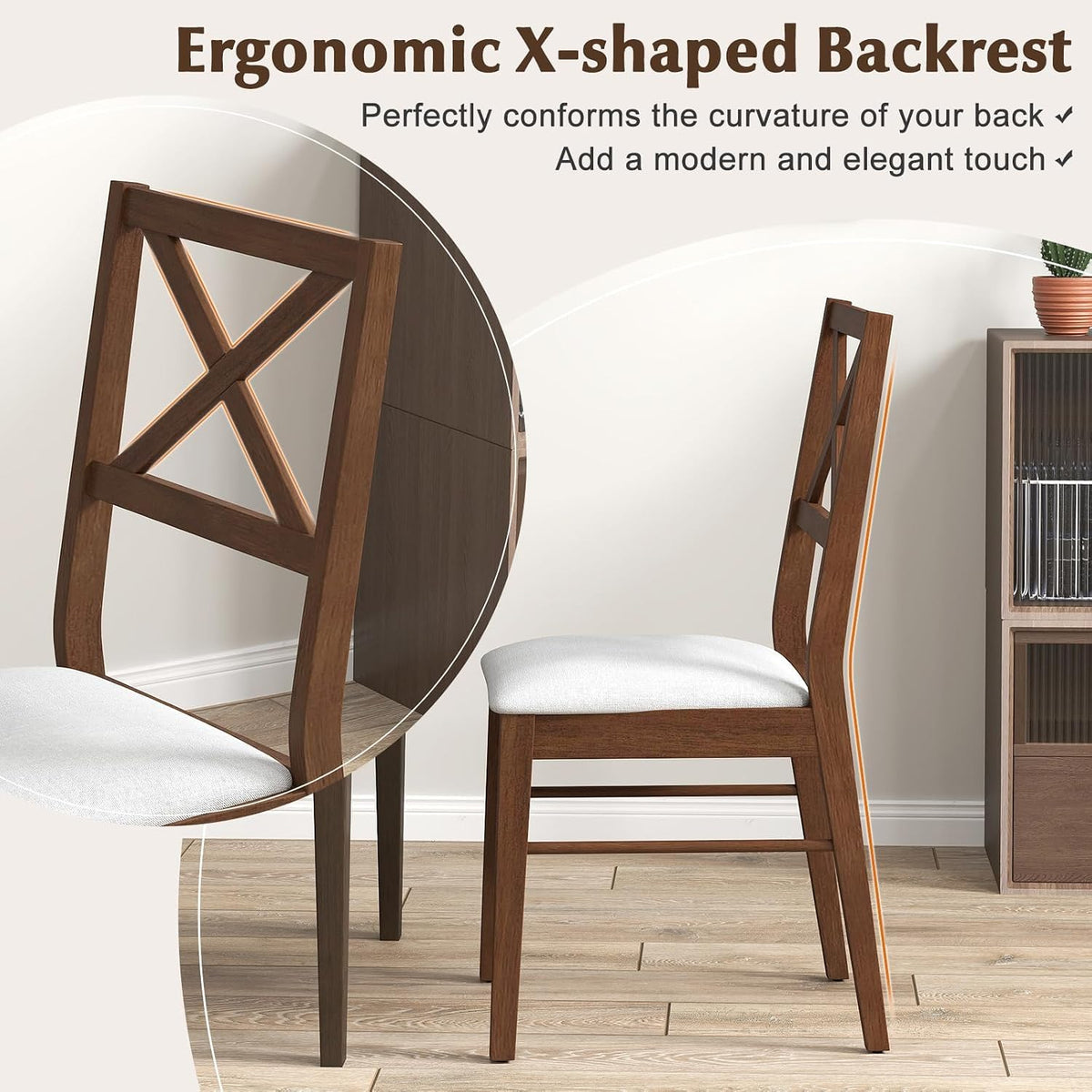 COSTWAY Wood Dining Chairs Set of 2, Upholstered Farmhouse Modern Dining Room Chairs with Backrest and 400LBS Capacity for Kitchen (Brown)