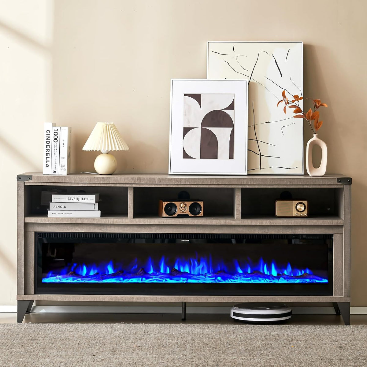 AMERLIFE 65" Fireplace TV Stand with 60" Glass Electric Fireplace, Industrial & Farmhouse Media Entertainment Center with Open Shelve Storage for TVs Up to 75", TV Console for Living Room, Light Gray