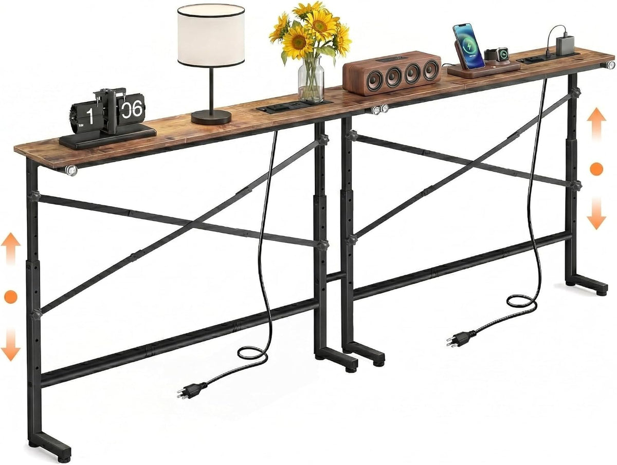 78.8inch Adjustable Height Narrow Sofa Side Table with 2 Power Outlets, Couch Behind Table for Small Space, Hallway, Entryway, Bedside, Bedroom, Stable, Easy to Assemble & Clean(Rustic Brown)