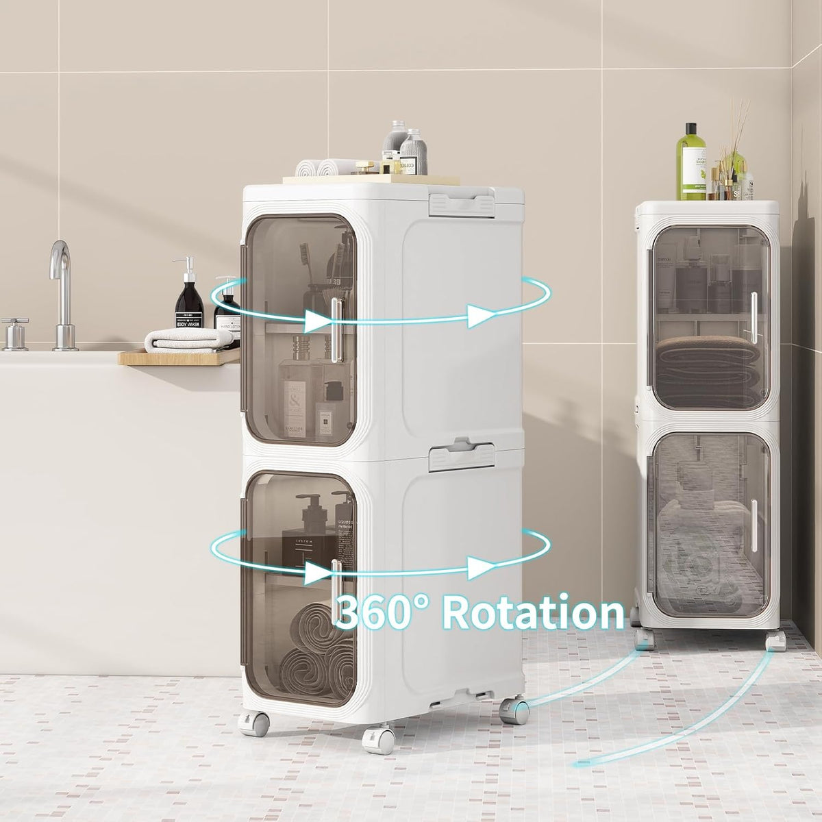 4 Tier Slim Bathroom Storage Cabinet, Foldable and Movable, White | Tools Free, ABS and PET, Magnetic Clear Door, Adjustable Shelves, Lockable Wheels, Water Resistant, For Narrow Space
