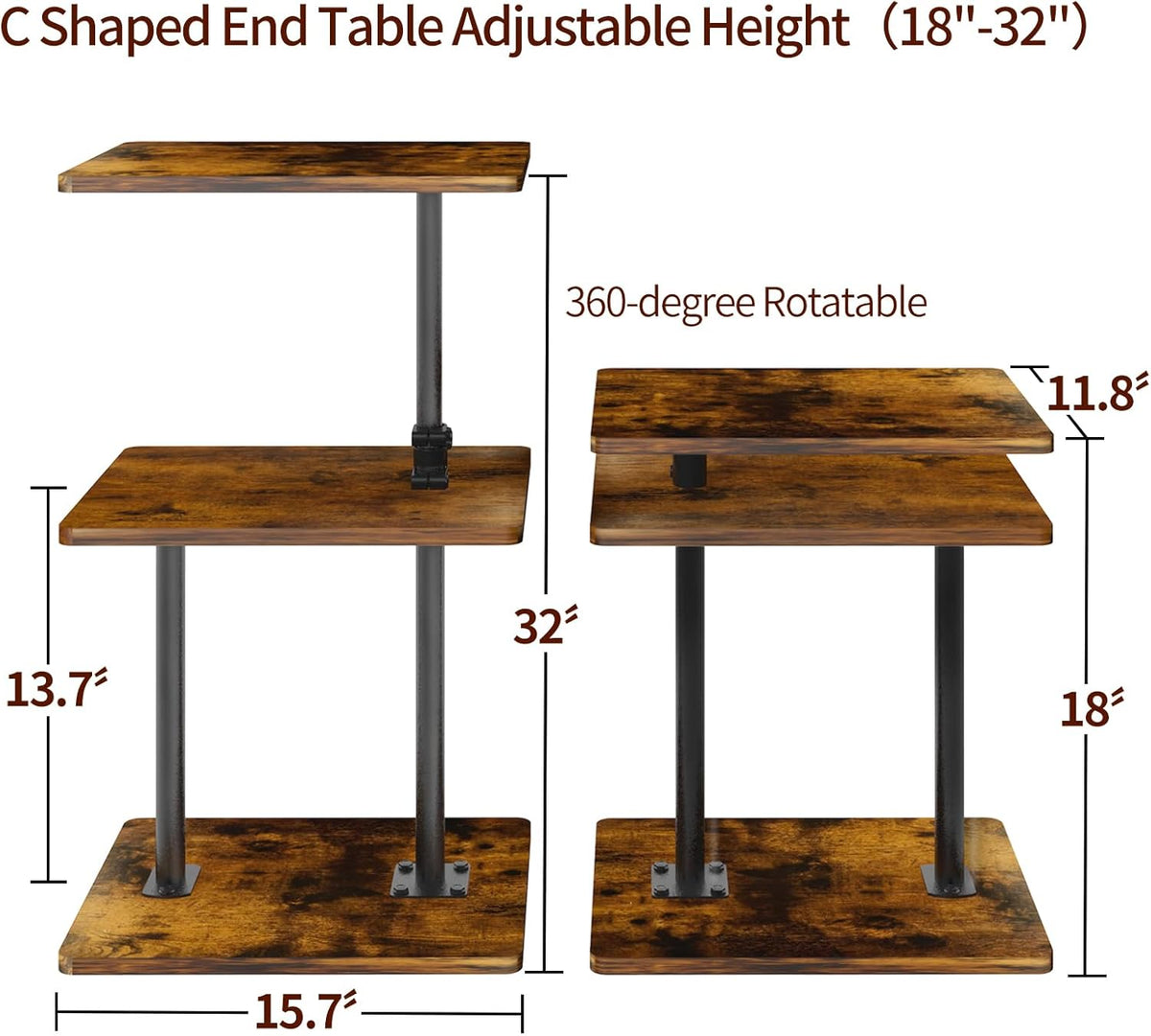 Swivel Side Table Adjustable Height, 3-Tier End Table with 360°Rotatable Tray, Space Saving Nightstand with Storage Shelf for Small Spaces, Living Room, Bedroom