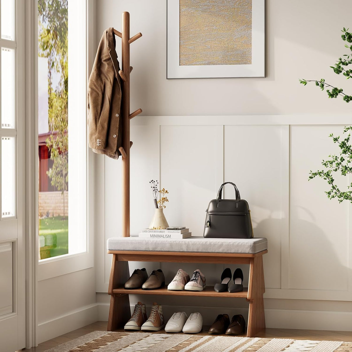 Coat Rack with Shoe Storage,Shoe Rack whit 8 Hook for Offices、Bedroom、Living Room,Small Shoe Bench,Walnut