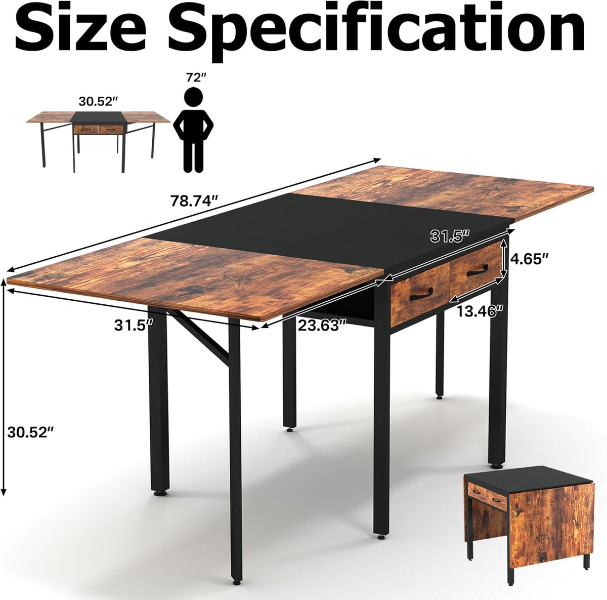 Folding Dining Table,Dining Room Table with Drawers,Industrial Extendable Table for 6-8 People,for Dining Room,Living Room,Restaurant,Saving Space