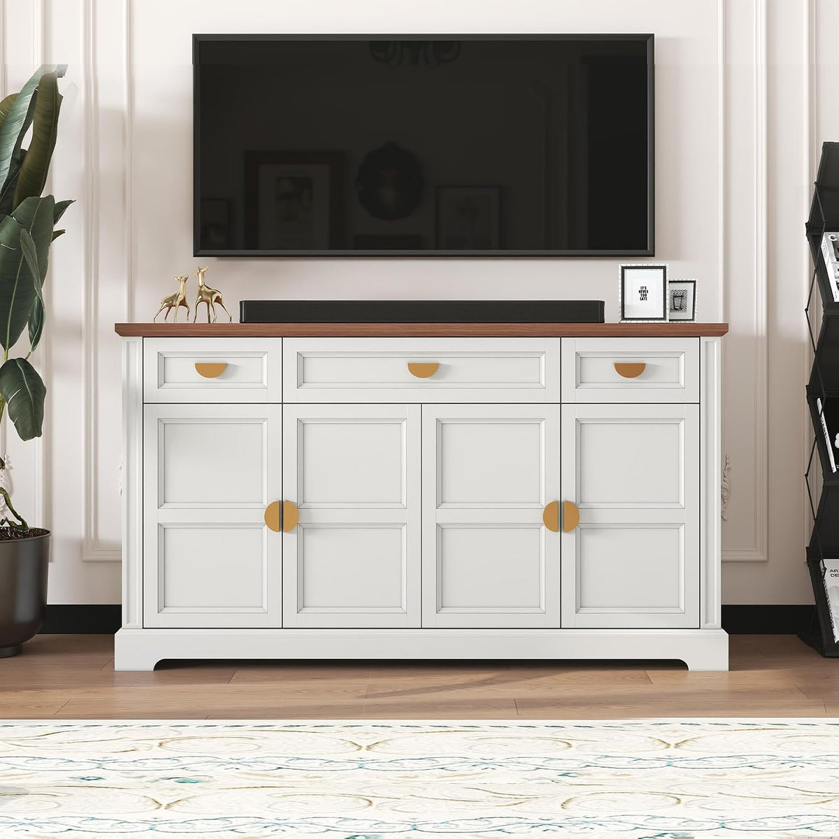 HLR Buffet Cabinet with Drawers,60” Large Sideboard Storage Cabinet with Shelves and Doors,Modern Farmhouse Wooden Coffee Bar Credenza for Dinning Room,Kitchen,Living Room,White