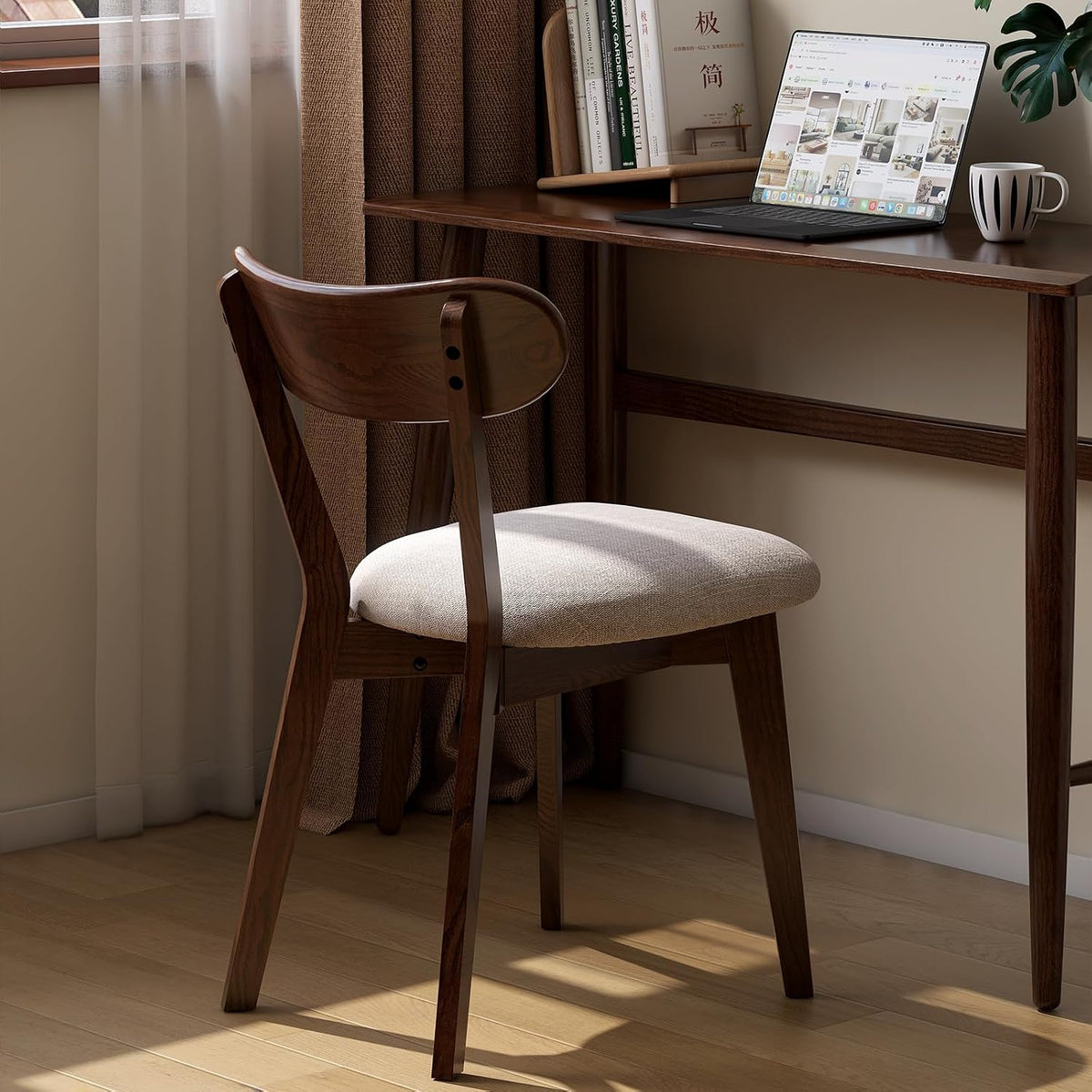 Mid Century Modern Walnut Dining Chair – FAS-Grade Oak Frame, Single Solid Wood Armless Side Chair, Heavy Duty 400 lbs Commercial Grade, Curved Back & Upholstered Seat for Kitchen, Cafe, Restaurant