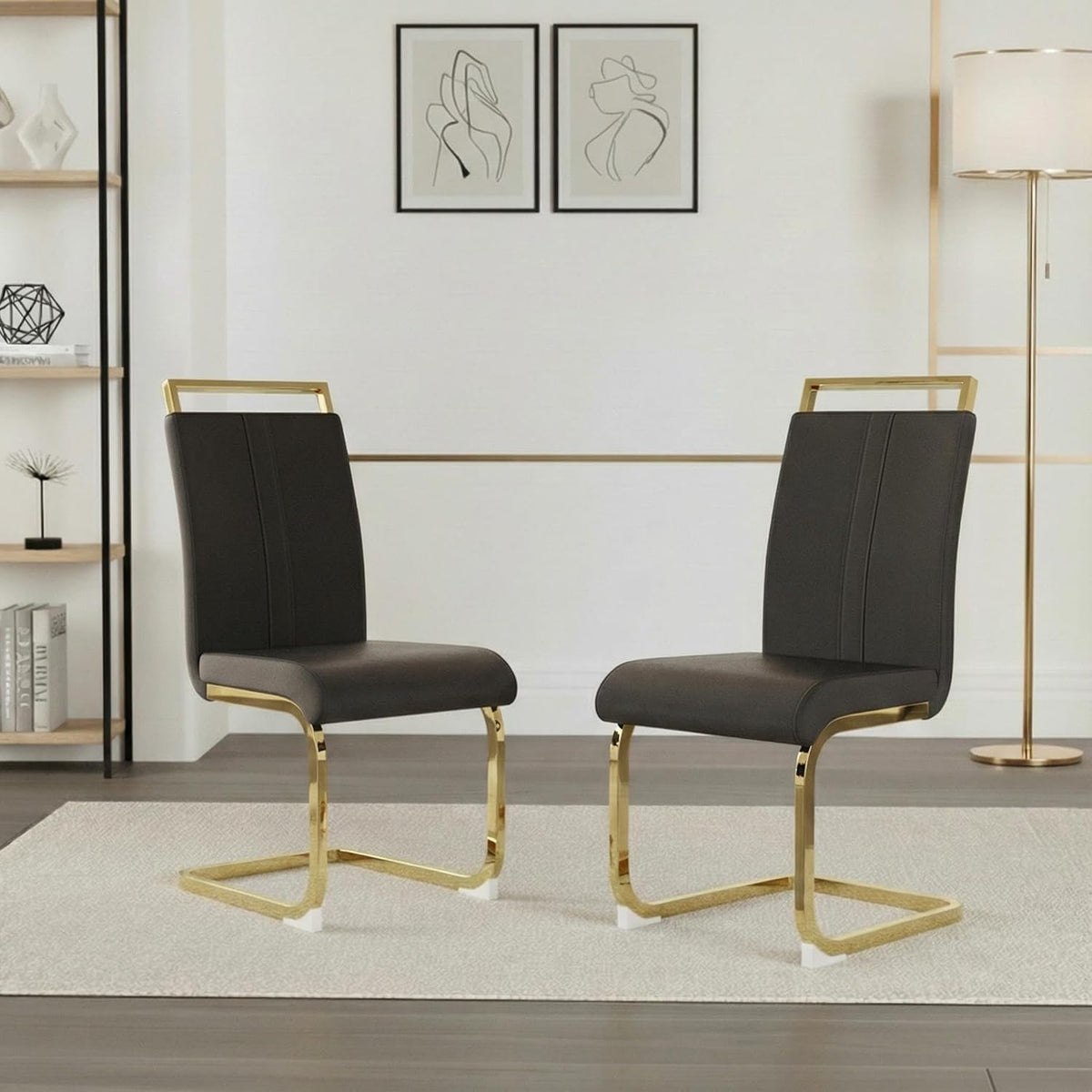 Set of 2 Modern Dining Chairs - Black PU Faux Leather Upholstered Armless Side Chairs with Cushioned Seat & Sturdy Metal Legs for Dining Room & Kitchen
