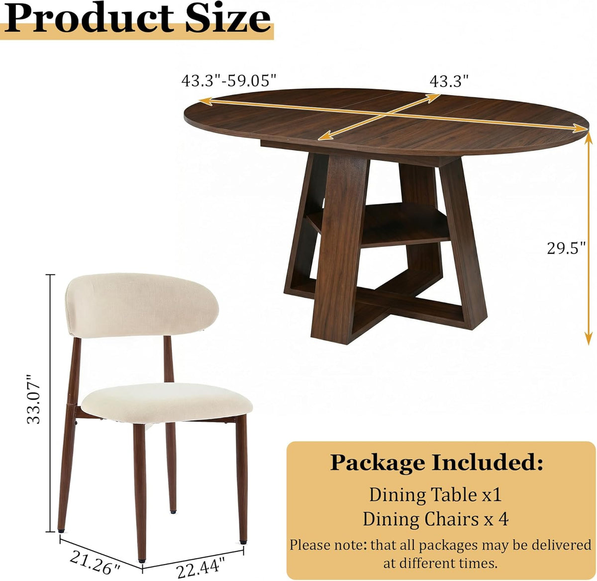 5-Piece Extendable Oval Dining Table Set, 43in-59in Wood Kitchen Table with 4 Fabric Upholstered Chairs, Modern Dining Room Set for 4 People, Walnut Finish