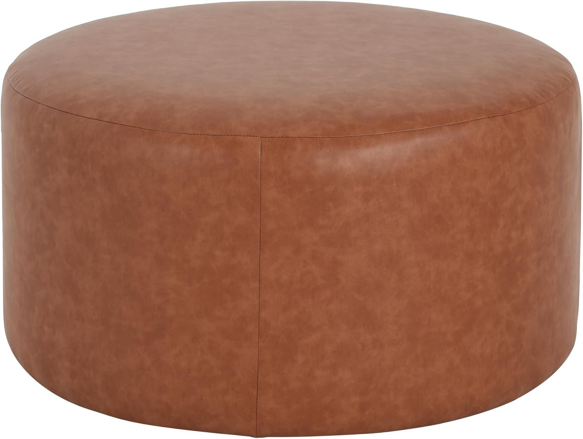 Merax 30.25" Modern Upholstered Round PU Leather Ottoman, Multifunctional Extra Seat, Side Table, Foot Rest, Stuffed Pouf Footstool for Living Room Bedroom, Cognac Brown