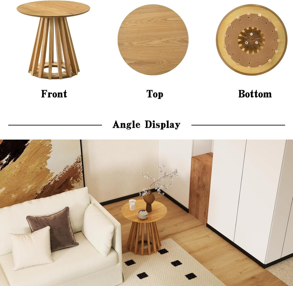 DUOMAY Modern Solid Round Side Table with Geometric Base, Natural Wood Accent End Table Center Table for Living Room, Bedroom, Lounge, Office, Log Color