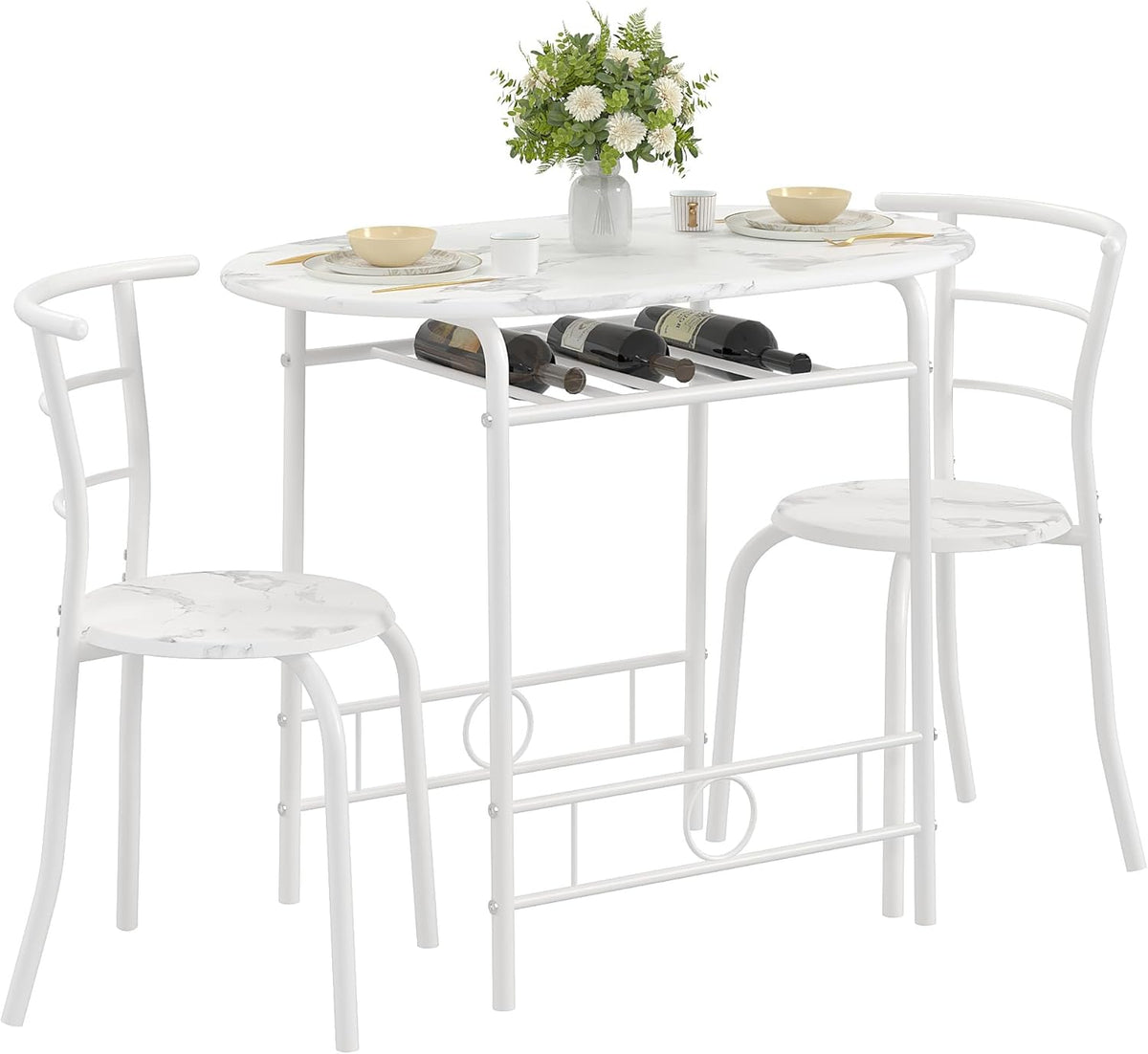 VECELO 3-Piece Dining Table Set for Kitchen Breakfast Nook, Faux Marbled Oval Tabletop and Metal Frame with Built-in Wine Rack, for Small Spaces, White