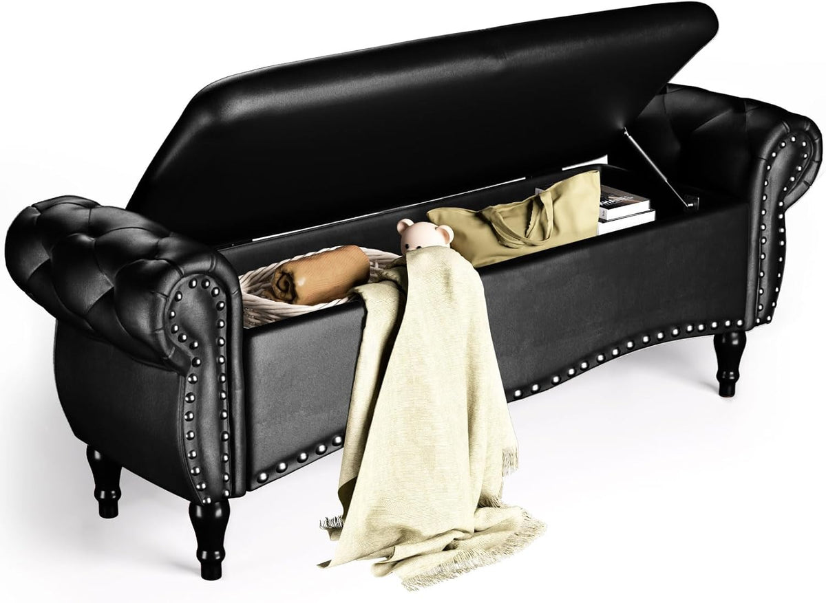 ZZW Storage Ottoman Bench, 51" Length Upholstered End of Bed Storage Bench for Bedroom with Safety Hinge, Tufted Bed Benches with Rolled Arm and Nailhead Trim for Living Room, Entryway Black