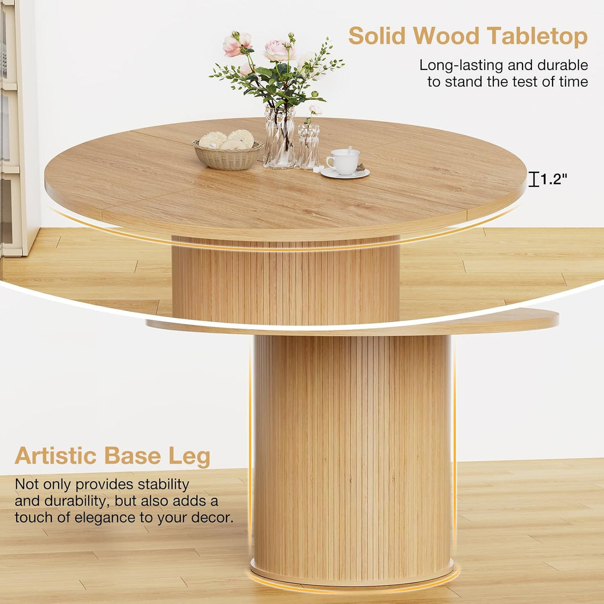 HOMMPA 48'' Round Dining Table for 4-6 Kitchen Table Circle Dinner Table with Wood Strip Base for Kitchen Dining Living Room Natural