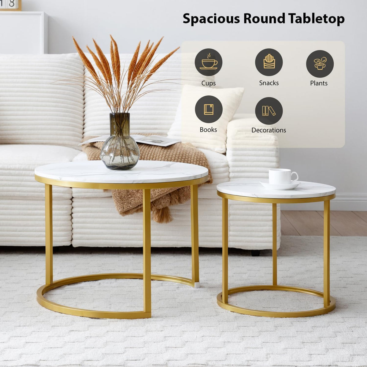 Nesting Coffee Table Set of 2, Round Coffee Table w/Marble Pattern Top, Modern Living Room Table with Sturdy Metal Frame, Industrial End Table Side Tables for Small Space Apartment (White)