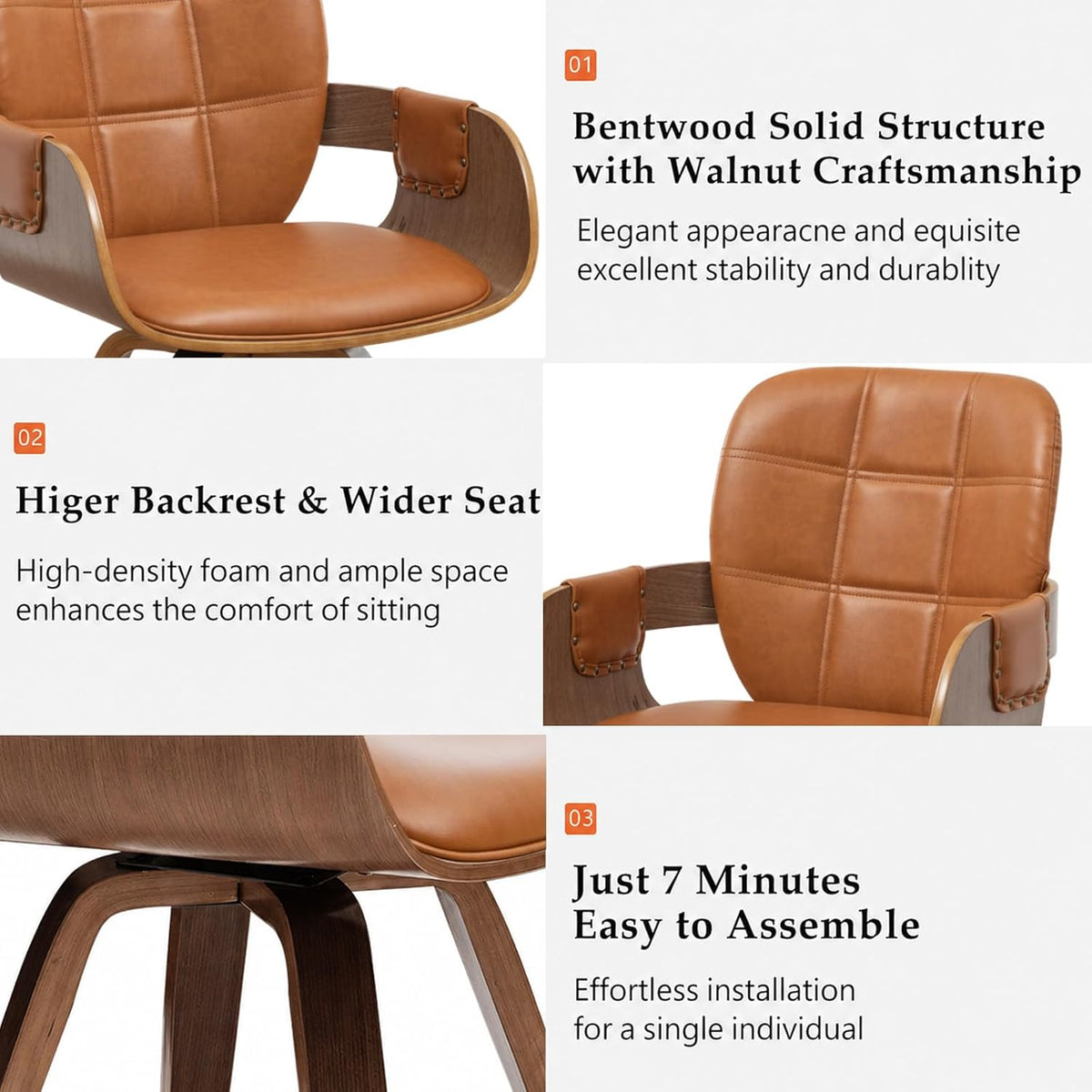 Set of 4 Mid Century Modern Chairs - Swivel Dining Chairs with Arms and Curved Back, Faux Leather Reception Room Chairs, Ideal for Kitchen/Living Room/Reception/Desk (Walnut Brown)