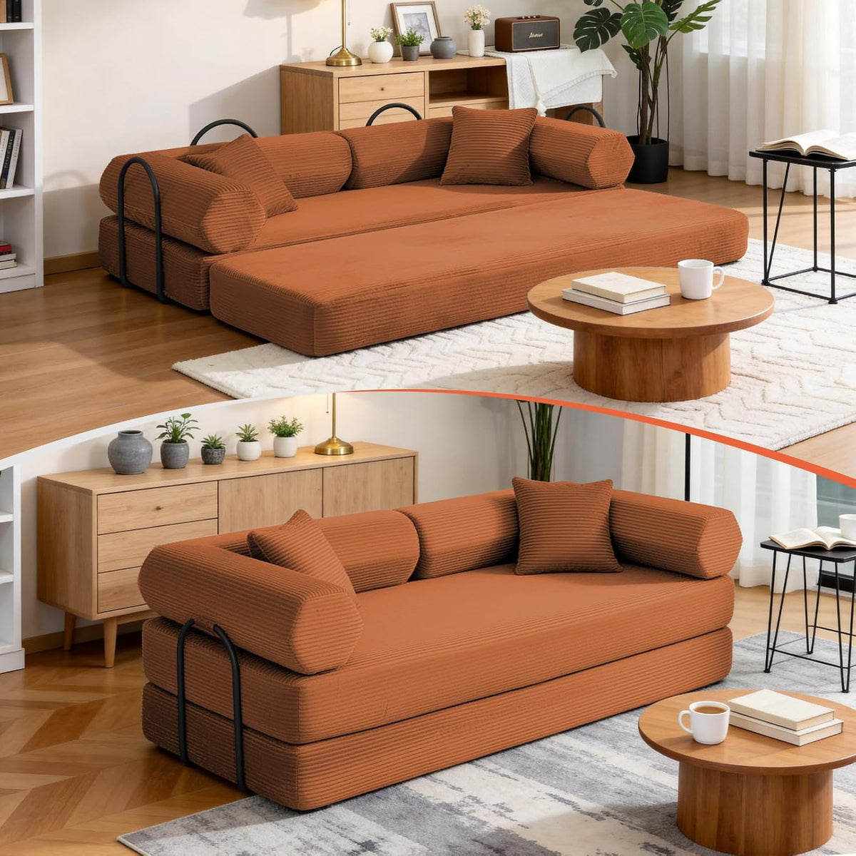 79" Corduroy Sofa Bed, Couch in a Box with 2 Pillows, High-Density Foam 4-in-1 Foldable Sleeper Futon Loveseat for Small Spaces, No Assembly, Side Pockets, Hex Arm Orange