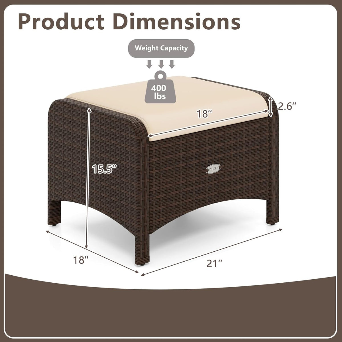 RELAX4LIFE Wicker Outdoor Ottomans for Patio - Set of 2 Rattan Footstools w/Removable Cushions, Multipurpose Outside Foot Rest, Side Table & Additional Seating for Porch Garden Backyard (Beige)