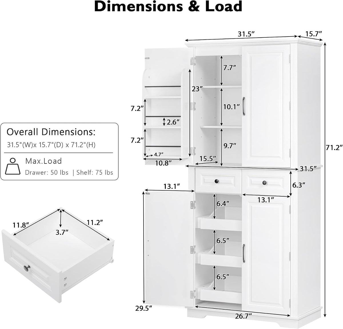 71" Tall Kitchen Pantry Cabinet with Storage, Cupboard for Kitchen