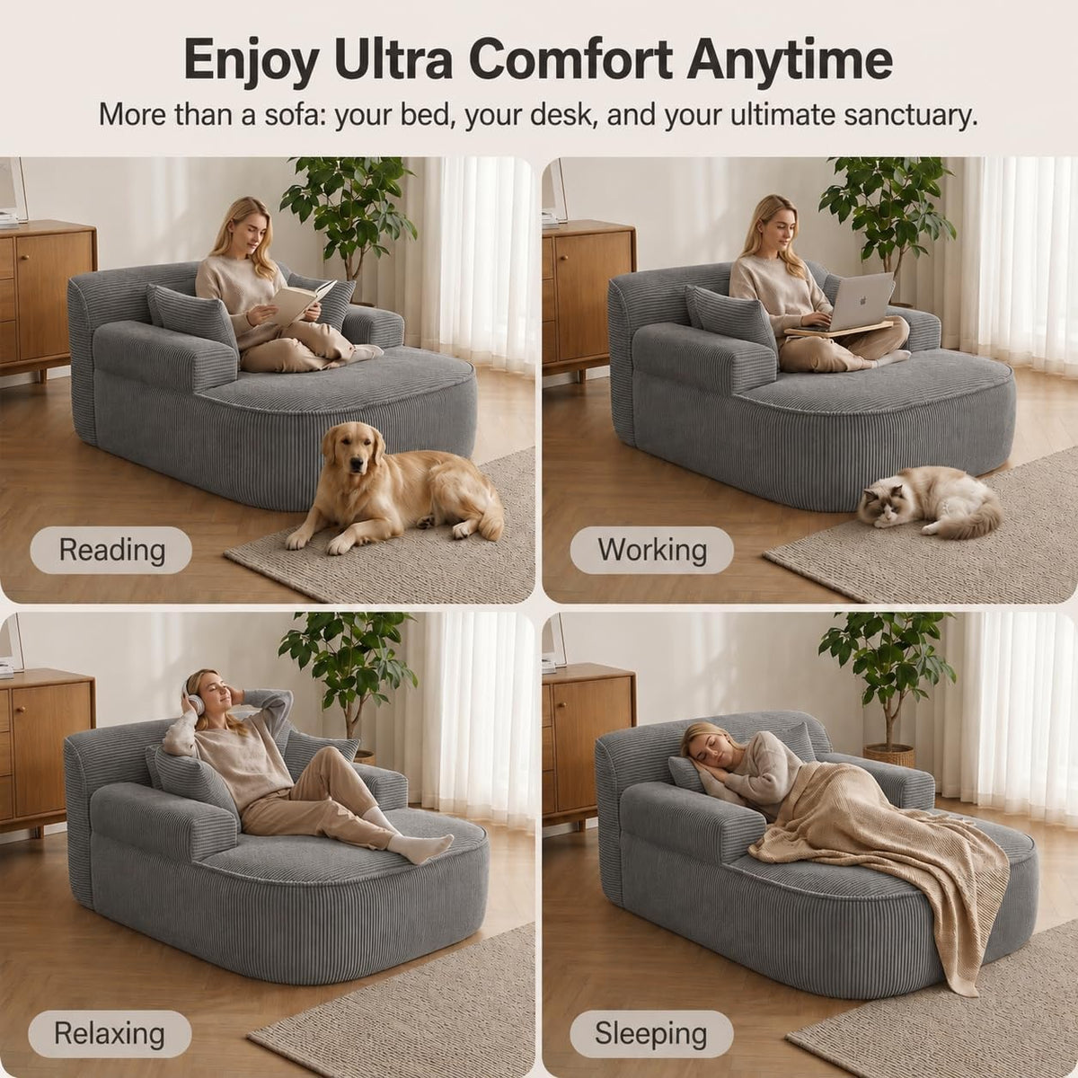 Oversized Chaise Lounge Chair Indoor, Couch Cloud Chair with 3 Comfy Pillows, Corduroy High-Density Foam Reading Chair, Wide Arms Bed Sleeper Sofa for Living Room Bedroom Relaxing