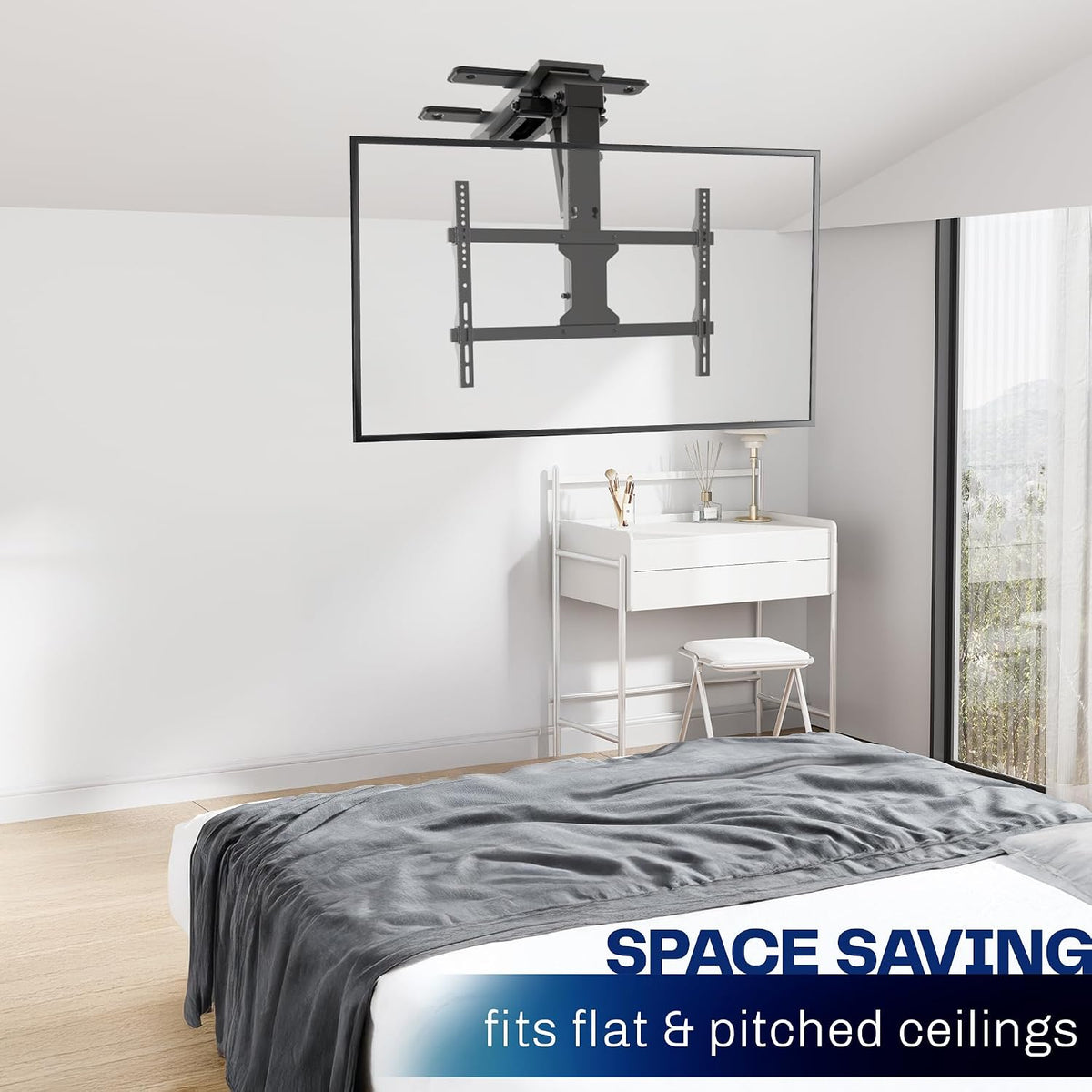 VIVO Black Electric Ceiling TV Mount for 37 to 70 in Screens, MOUNT-E-FD75C | Large Motorized Flip Down TV Mount, Pitched Roof VESA Mount, Heavy Duty Steel, App and Voice Control, Holds 99 lbs