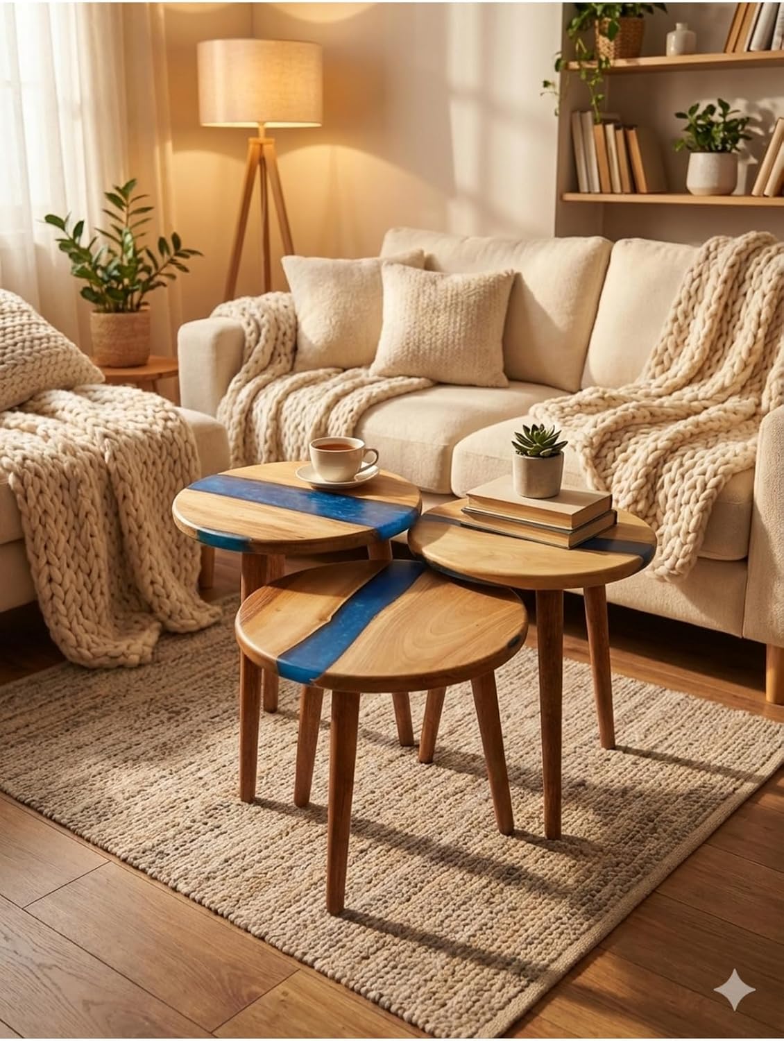 3-Piece Round Nesting Side Table Set 15.7 in | Navy Blue Epoxy & Walnut Wood | Modern Scandinavian Style | Handmade | Durable & Easy Easy to Wipe | GÖKÇESAN MOBİLYA - Navy Blue