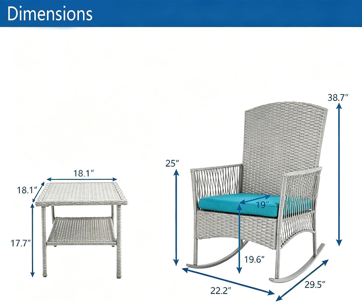 DECMICO Outdoor Rattan Wicker Rocking Chair, 3 Pieces Patio Conversation Furniture Bistro Sets with Side Table and Cushions for Porch Garden and Balcony