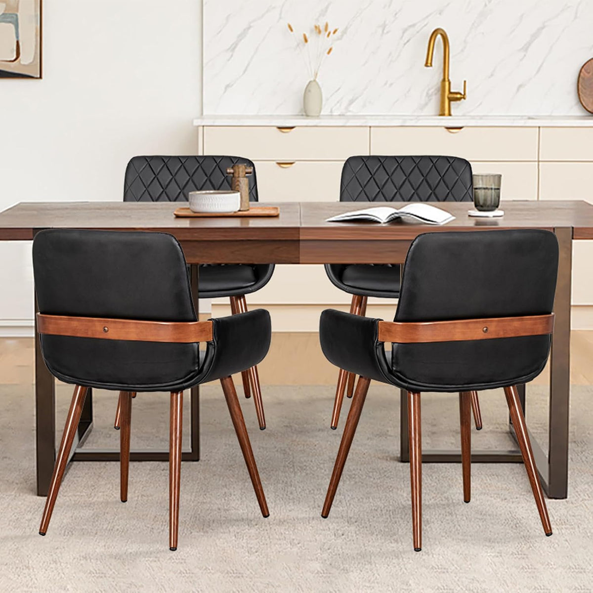LUNLING Mid Century Modern Faux Leather Dining Chairs Set of 4,Green Upholstered Seat,Metal Legs,Adjustable Foot for Kitchen Dining Room Desk Chairs