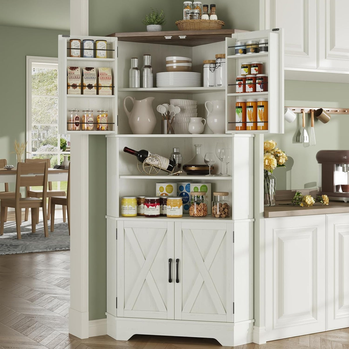 Befrases Corner Cabinet, 67''H Kitchen Pantry Storage Cabinet, 6-Tier Corner Food Pantry Hutch with 4 Barn Doors and Shelves, Tall Farmhouse Furniture for Kitchen Dining Living Room, White
