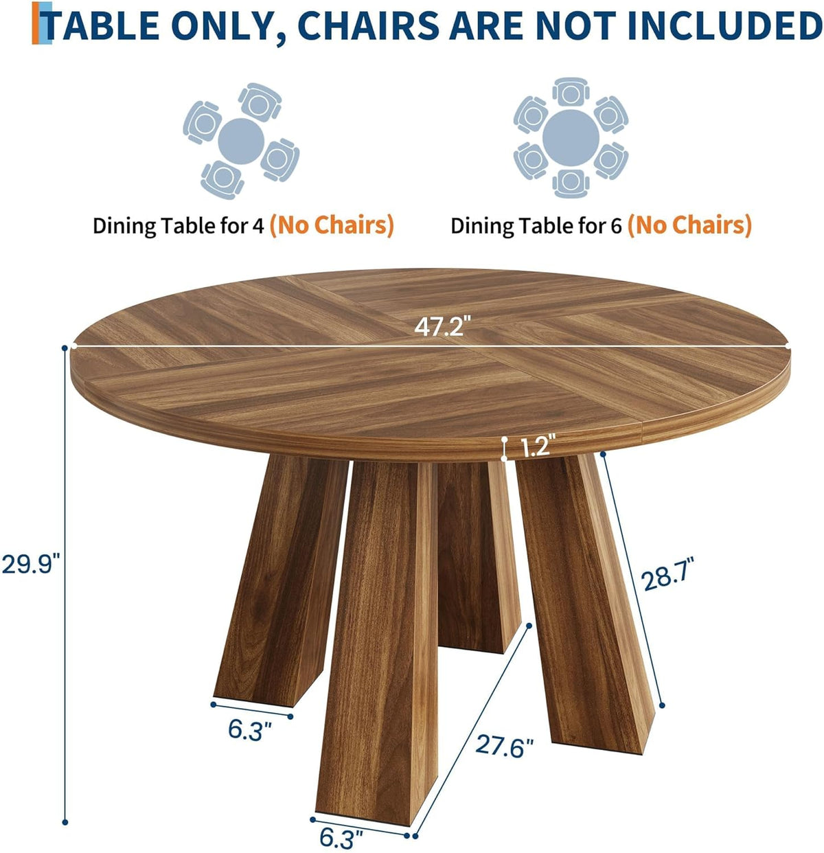 IDEALHOUSE 47" Round Dining Table for 4-6, Wood Kitchen Table with Sturdy Base, Farmhouse Circle Dinner Table for Dining Room, Living Room, 4 Strong Legs, Walnut