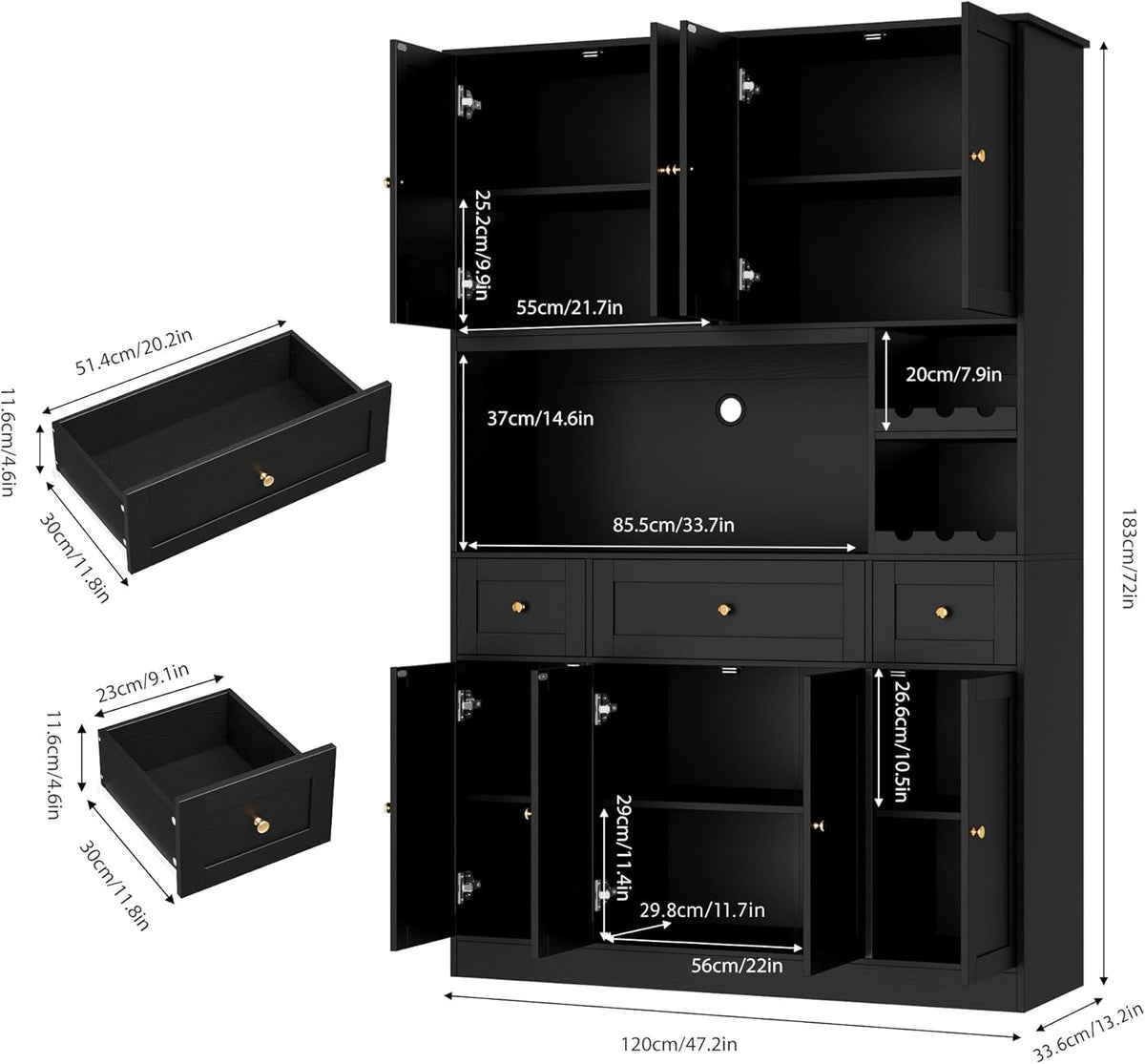 BOTLOG 72" Tall Black Pantry Cabinet with Wine Rack, Microwave Stand | Kitchen Hutch with 8 Doors and 3 Drawers for Dining Room Kitchen, Home Bar Black